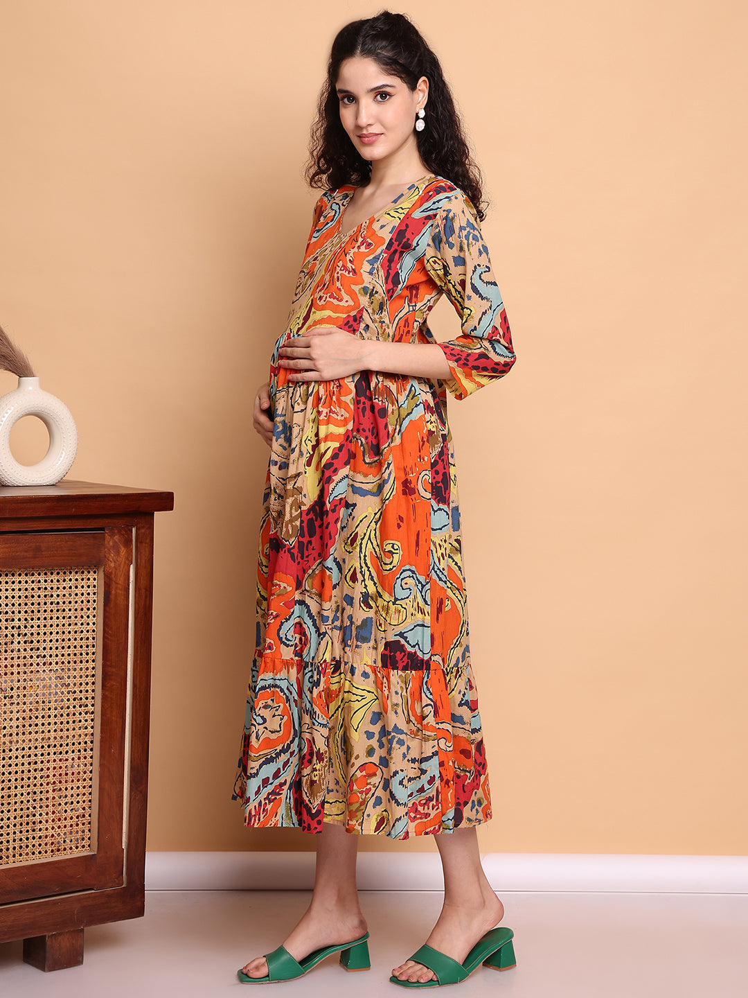 Aawari Bohemian Orange Multicolor Printed Cotton Maternity Dresses with 3/4 Sleeves