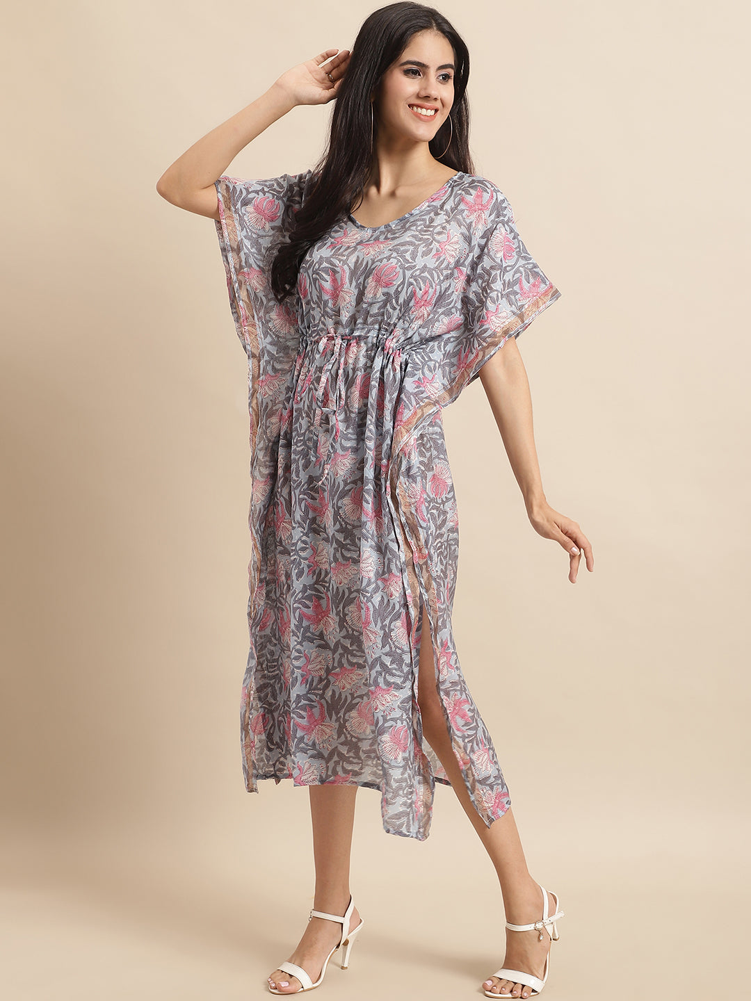 Aawari Grey & Pink Floral Printed Chanderi Kaftaan Dress