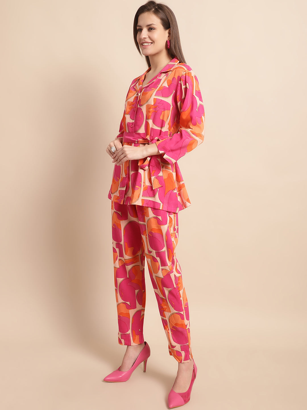 Aawari Women's Printed Co-ord Sets in Pink & Orange - Rayon Casual Wear / Western Wear