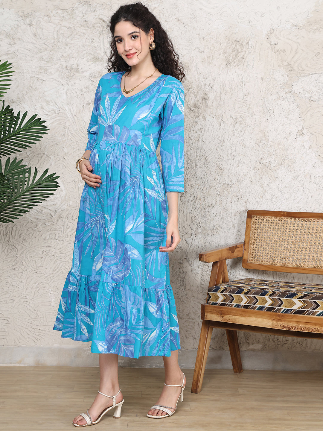 Aawari Sky Blue Leaf Print Cotton Maternity Dresses with 3/4 Sleeves