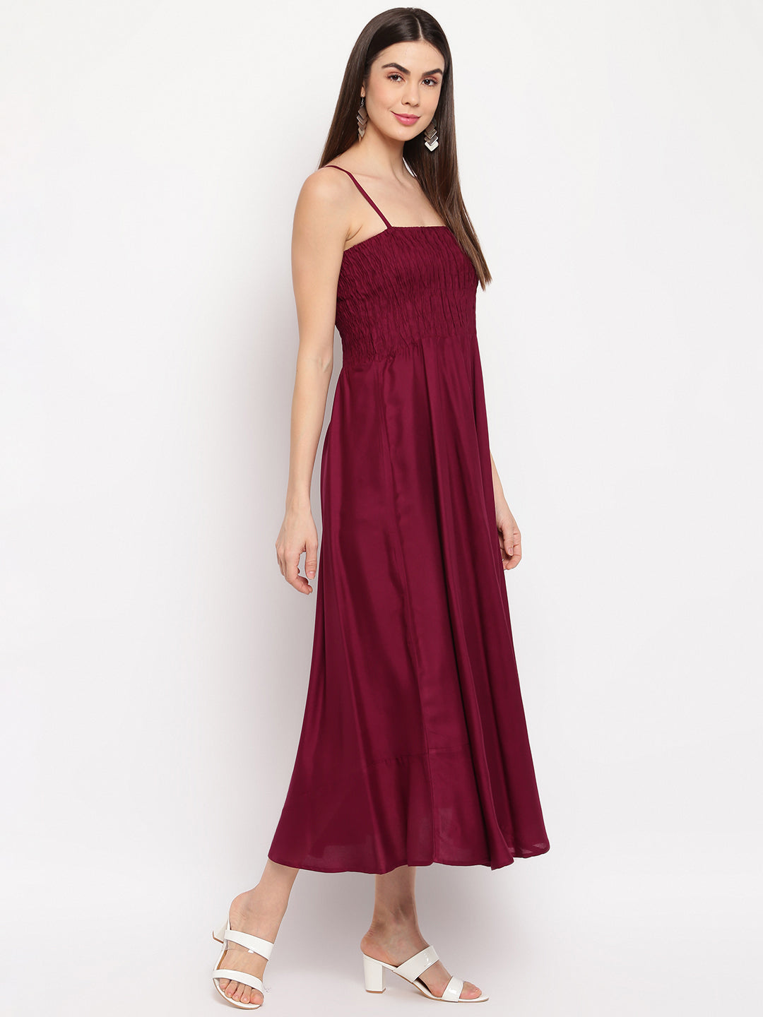 Aawari Fit & Flare Solid Bobbin Dress ( WINE ) - Western Wear