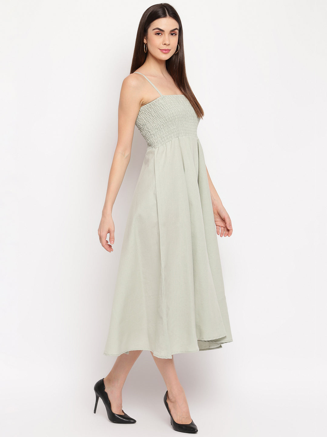Sage Green Solid Rayon Flared Maxi Dress with Spaghetti Straps - Western Wear