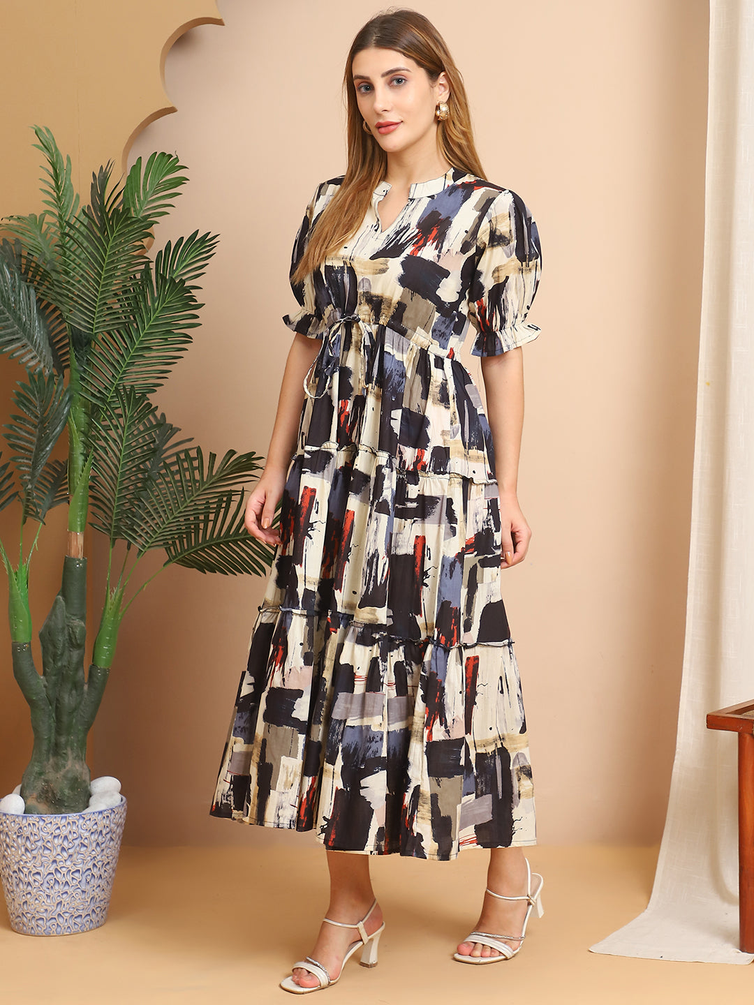 Aawari Abstract Print Black & Beige Cotton Tiered Maxi Dress - Dresses / Western Wear / Maxi Dresses