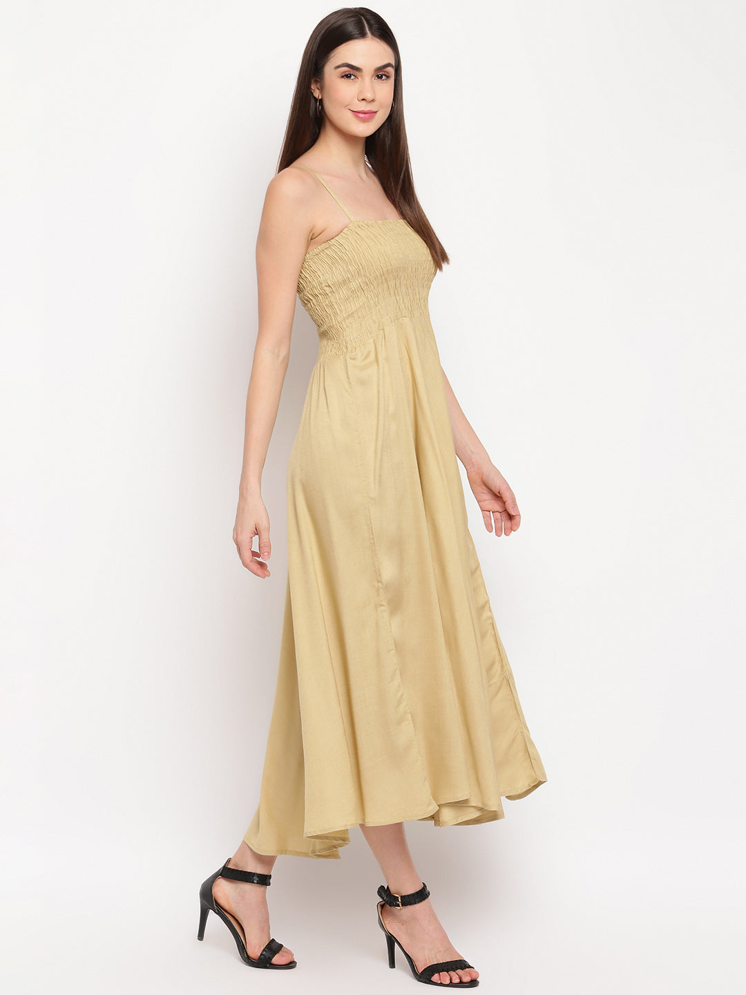 Beige Smocked Rayon Maxi Dress with Spaghetti Straps - Western Wear