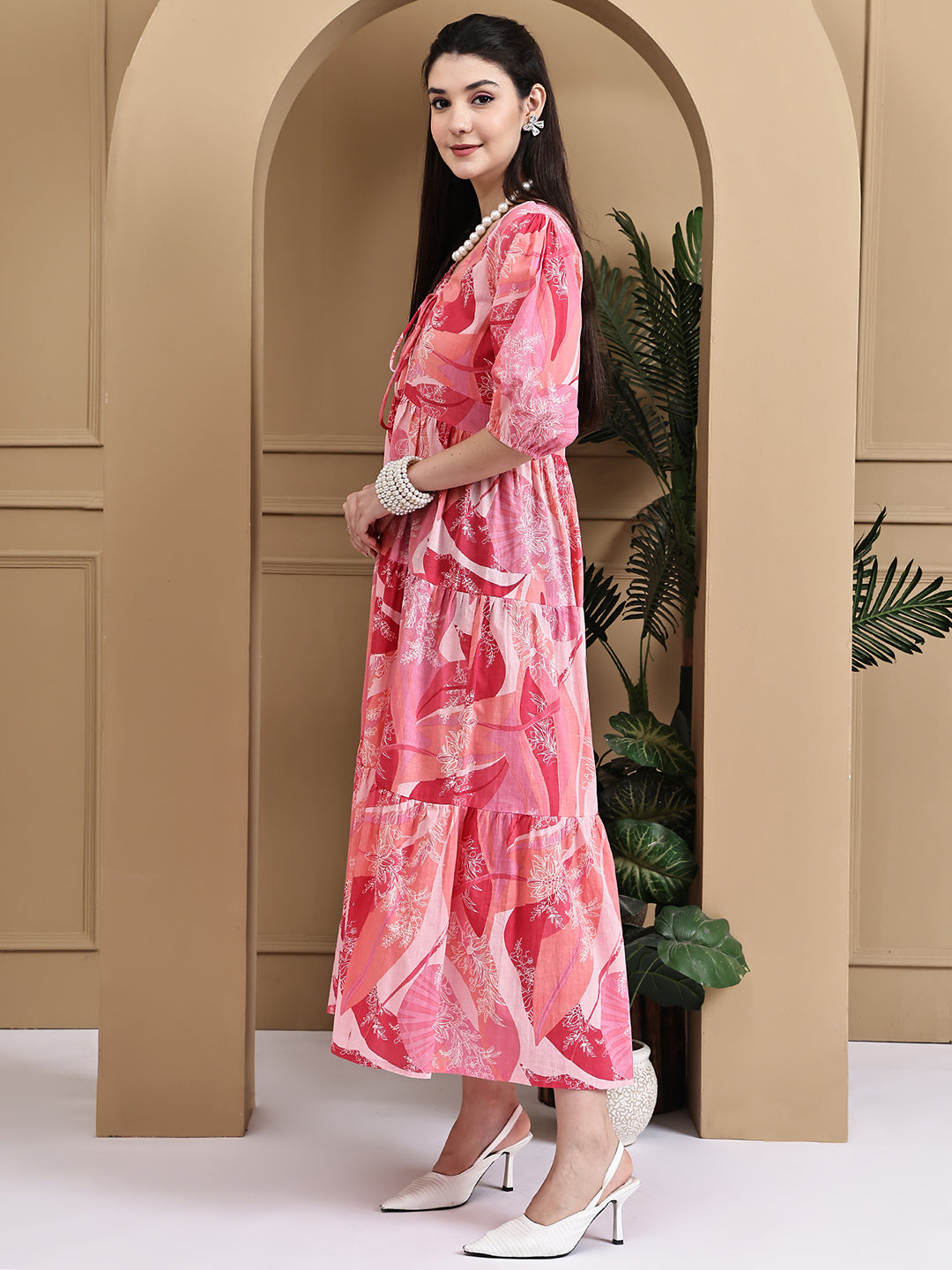 Aawari Women Cotton Printed Knot Dresses With Puff Sleeves / Western Wear