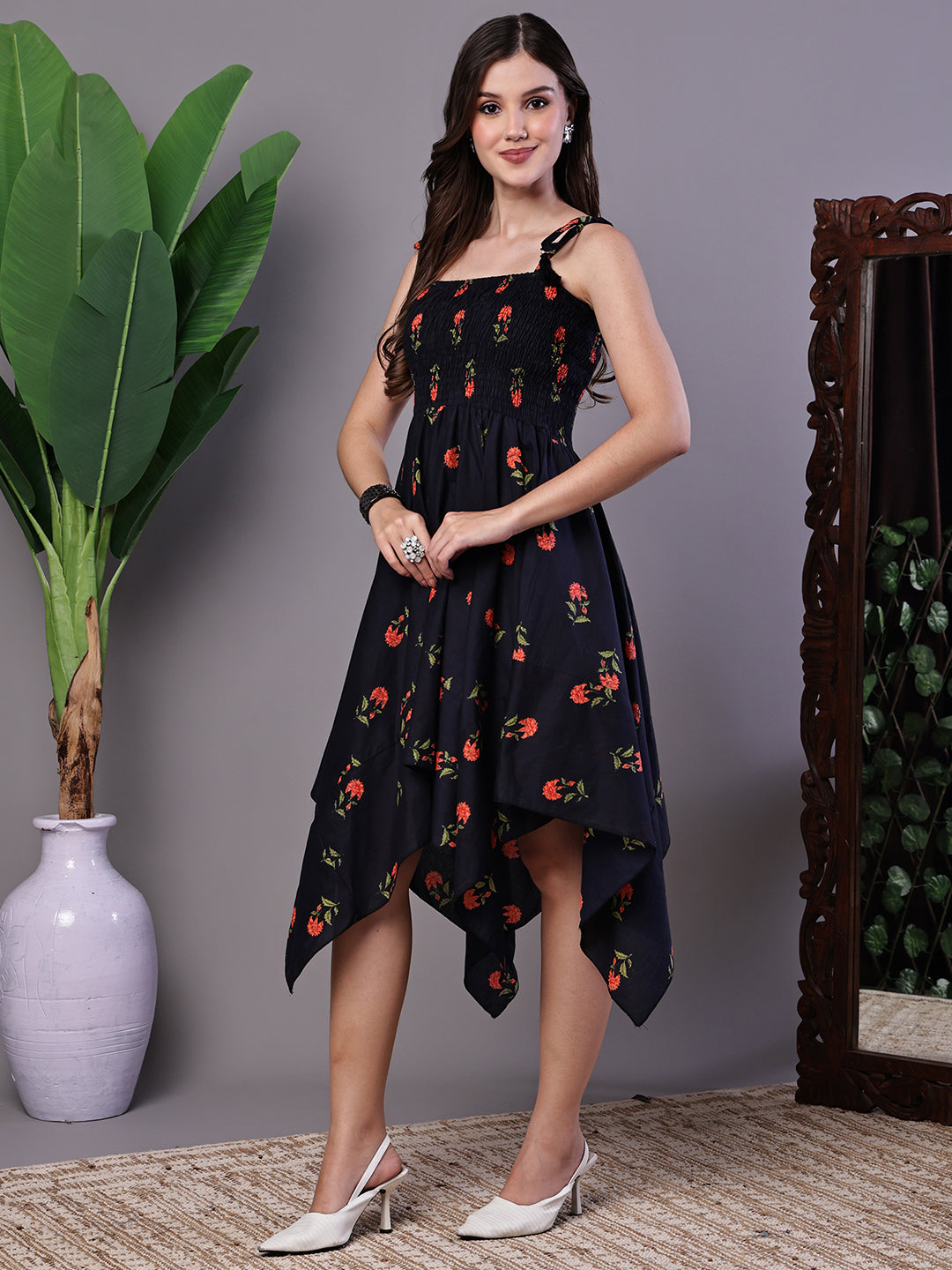 Aawari Navy Printed Smocked Asymmetrical Hem A-Line Dress - Midi Dresses / Western Wear