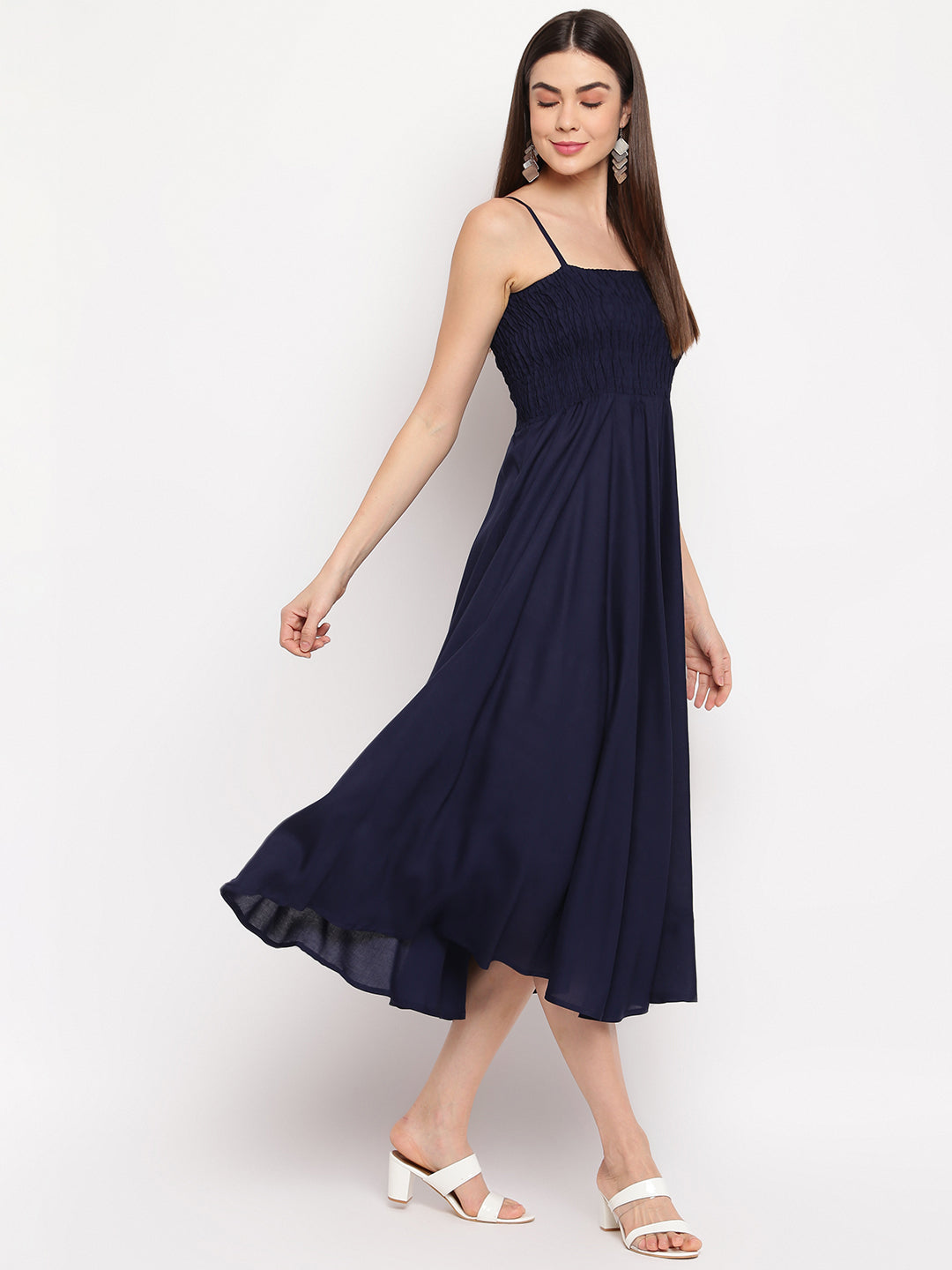 Navy Blue Solid Smocked Rayon Maxi Dress for Women - Western Wear