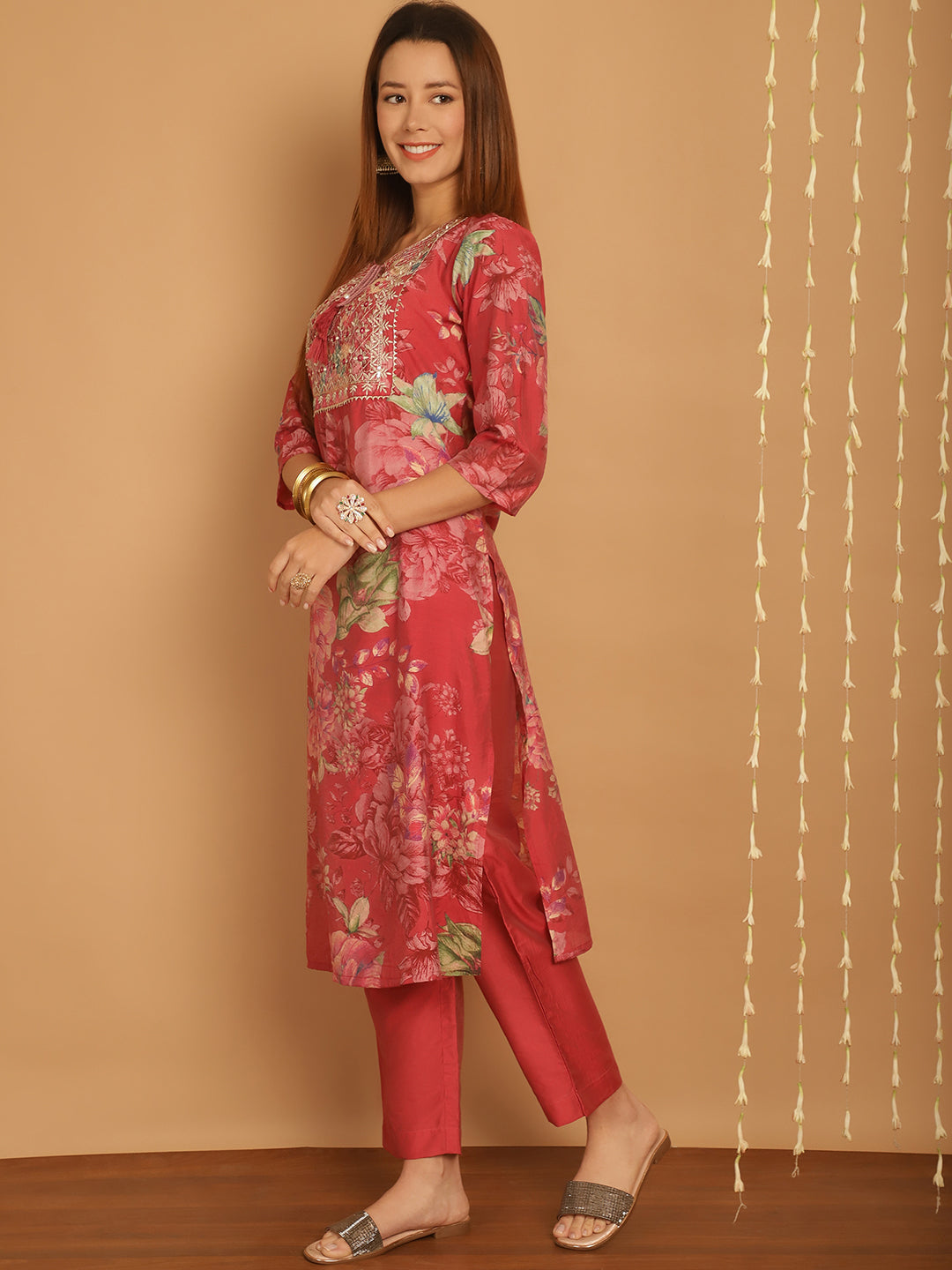 Aawari Women Chanderi Printed Three Piece Suit Sets
