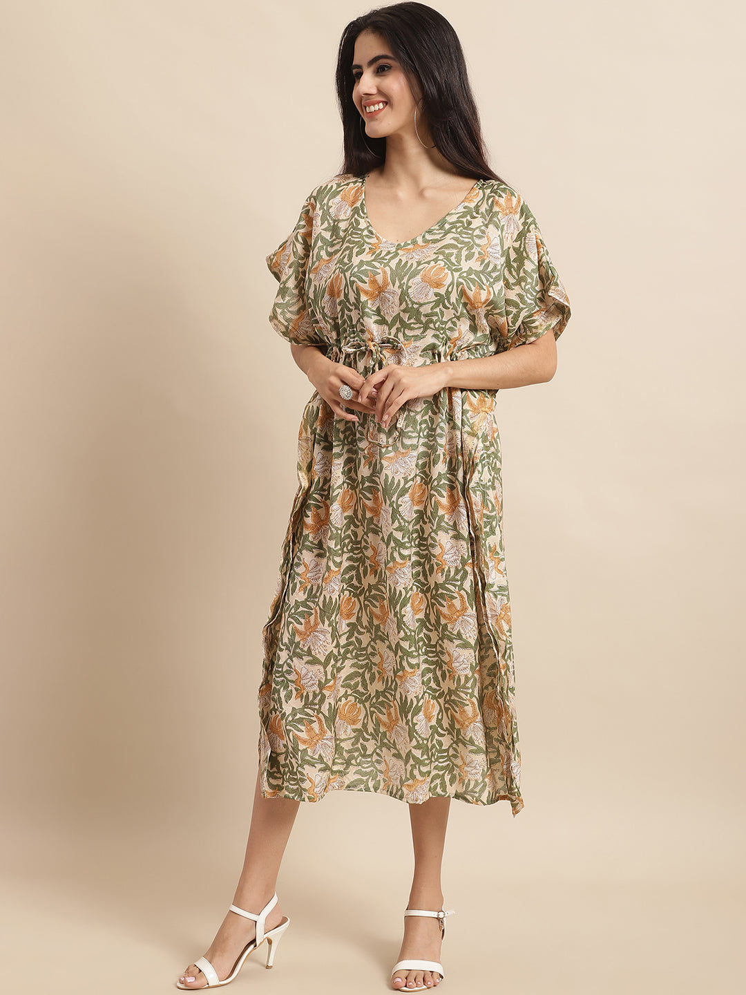 Aawari Floral Printed Green Chanderi Midi Dress with V-Neck & Short Sleeves - Kaftaan