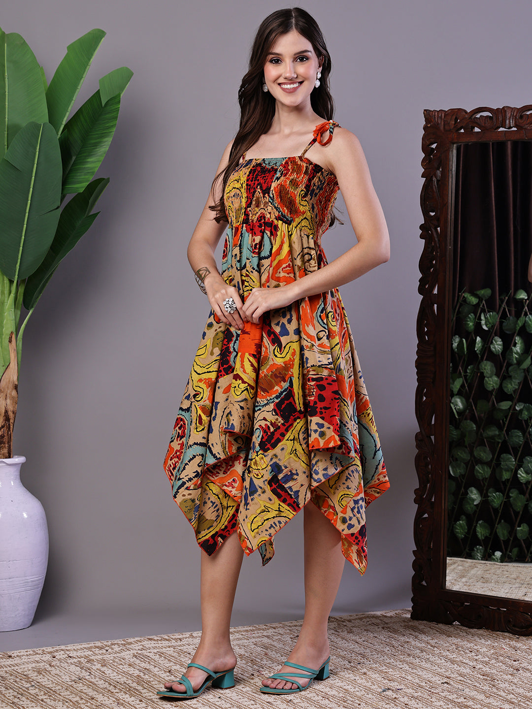 Aawari Multicolor Abstract Printed Cotton Handkerchief Hem Dress - Midi Dresses / Western Wear