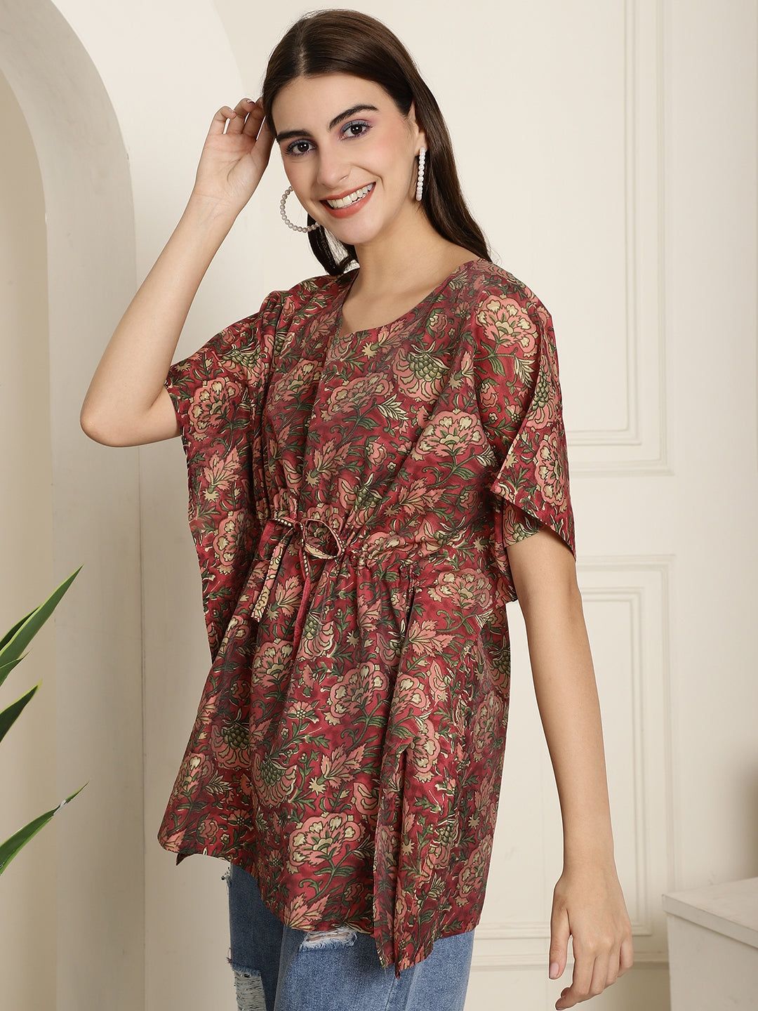 Aawari Rust Red Floral Handblock Printed Chanderi Short Kaftaan Top with Drawstring
