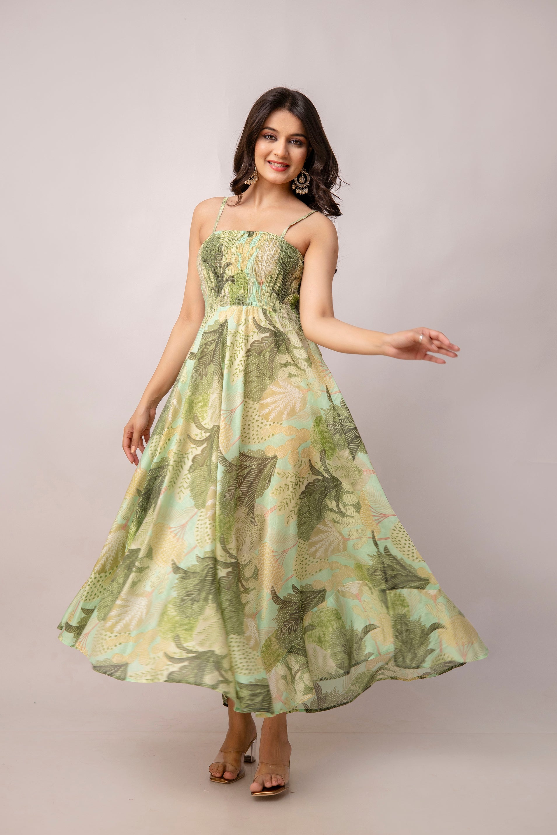 Aawari Abstract Printed Shoulder Straps Smocked Silk Sheath Dress - Western Wear