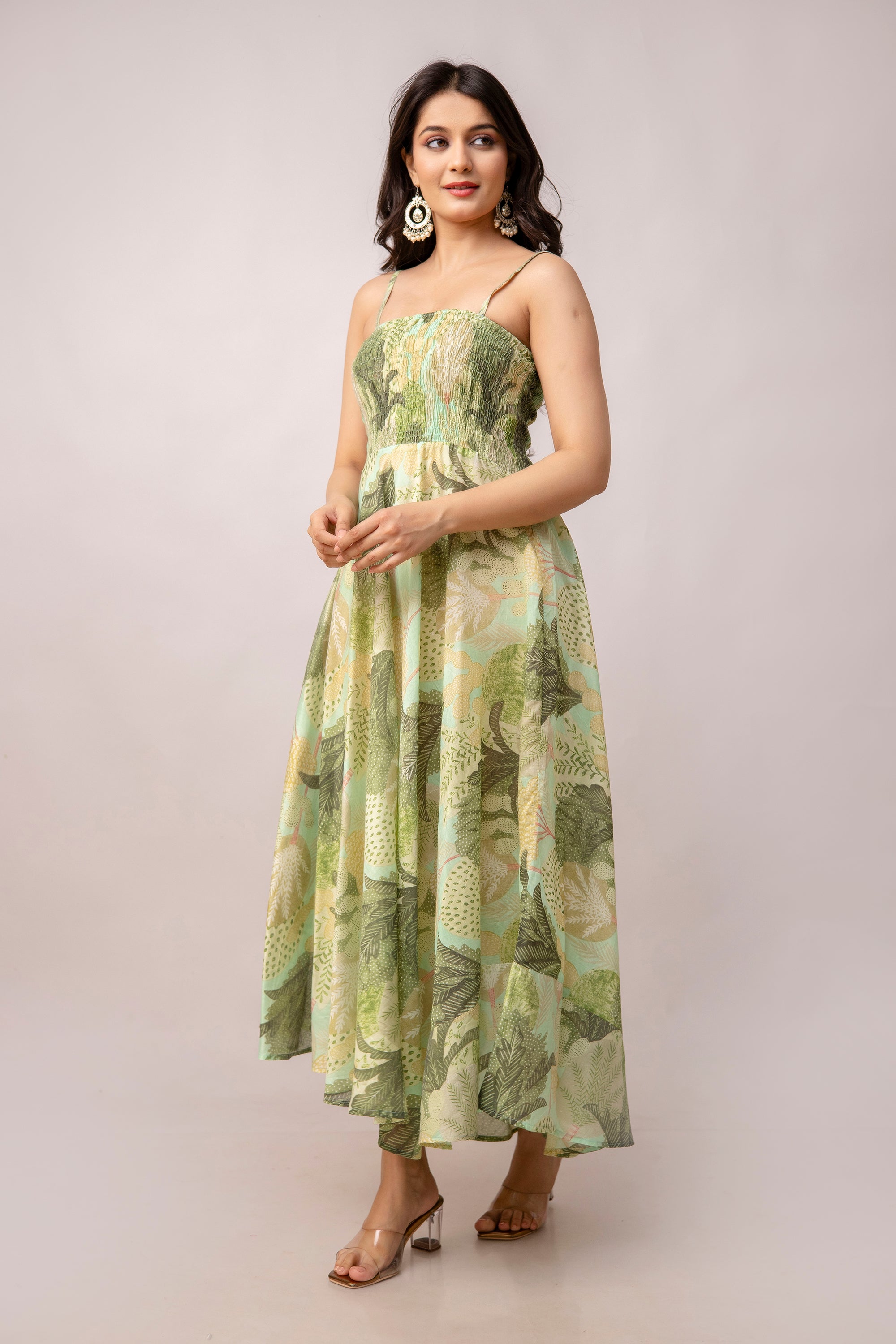 Aawari Abstract Printed Shoulder Straps Smocked Silk Sheath Dress - Western Wear