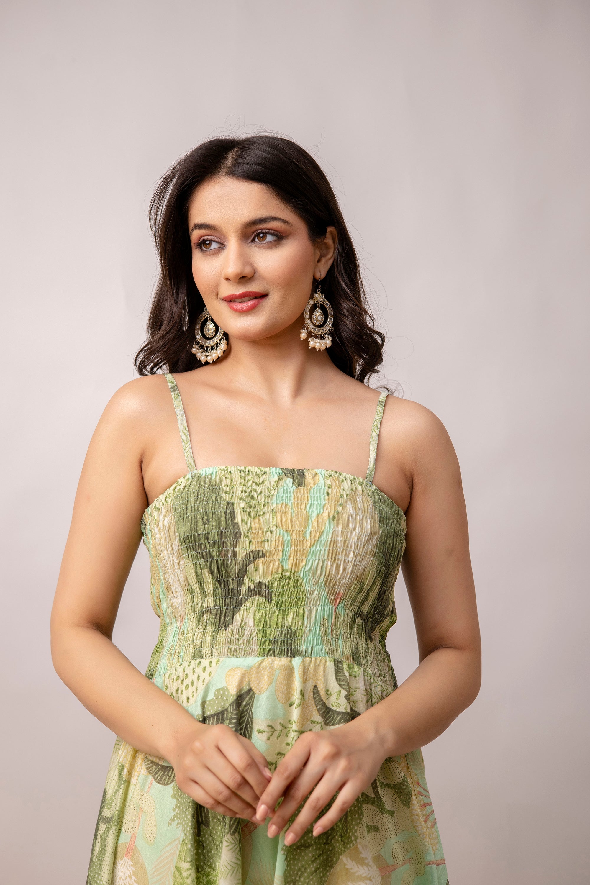 Aawari Abstract Printed Shoulder Straps Smocked Silk Sheath Dress - Western Wear