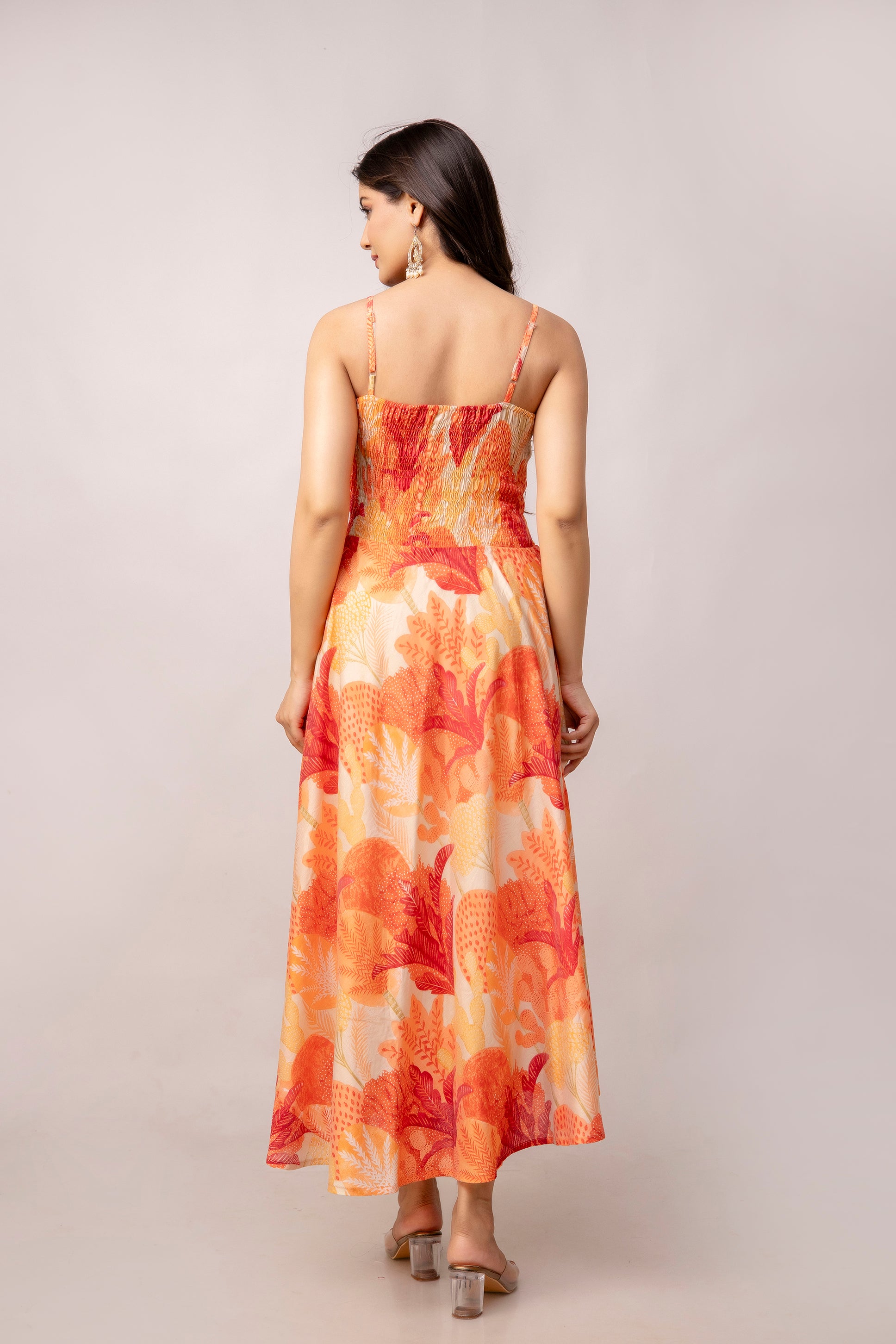 Aawari Abstract Printed Shoulder Straps Smocked Silk Sheath Dress - Western Wear