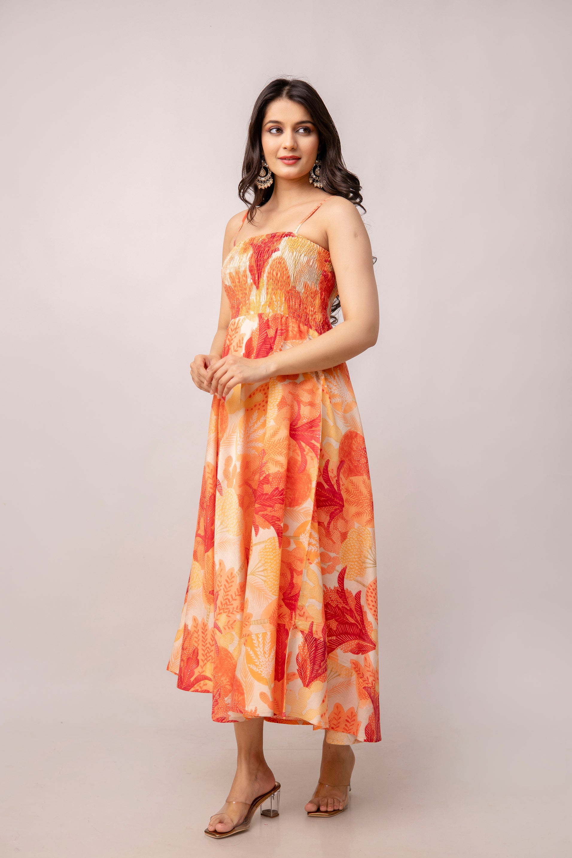 Aawari Abstract Printed Shoulder Straps Smocked Silk Sheath Dress - Western Wear