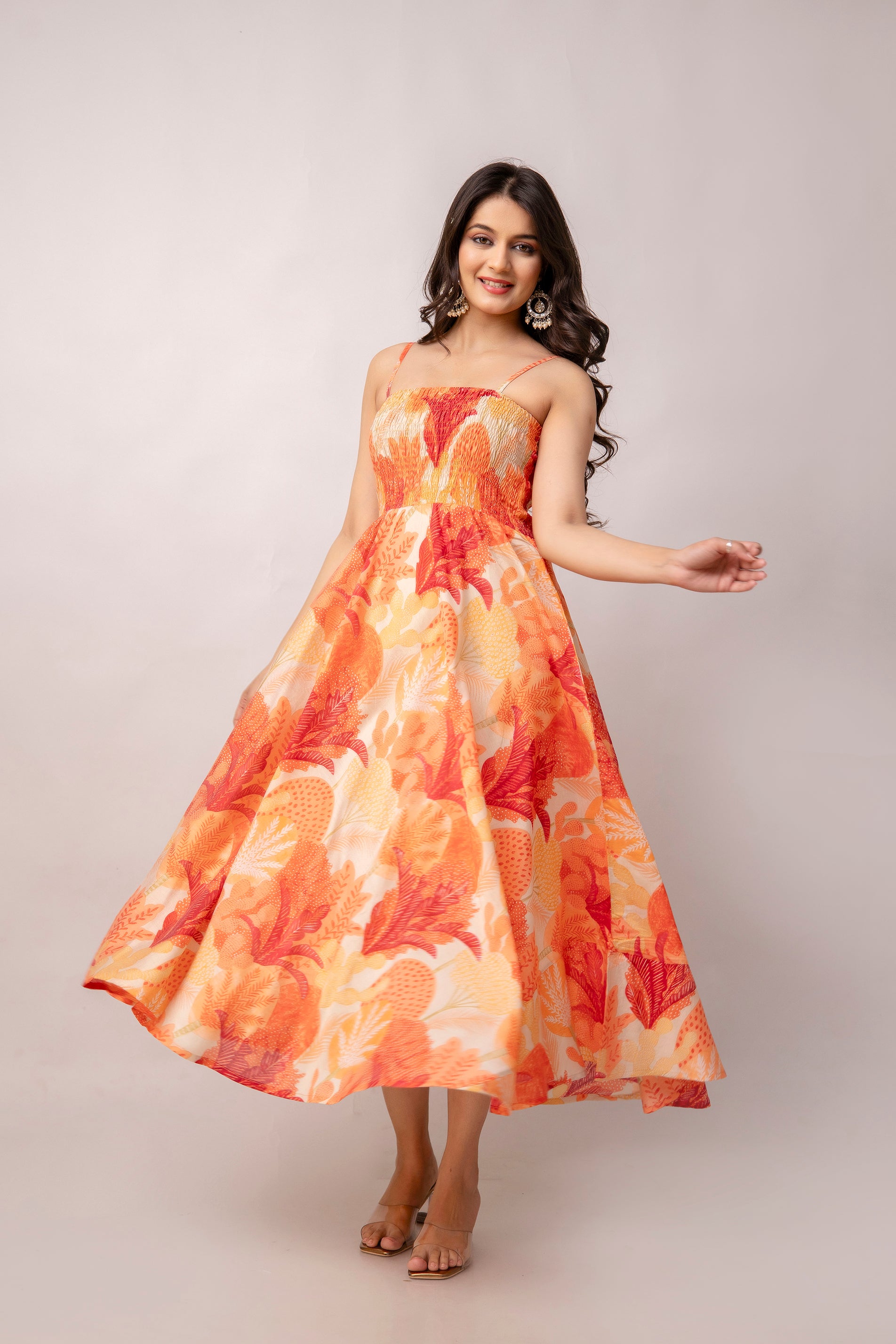 Aawari Abstract Printed Shoulder Straps Smocked Silk Sheath Dress - Western Wear