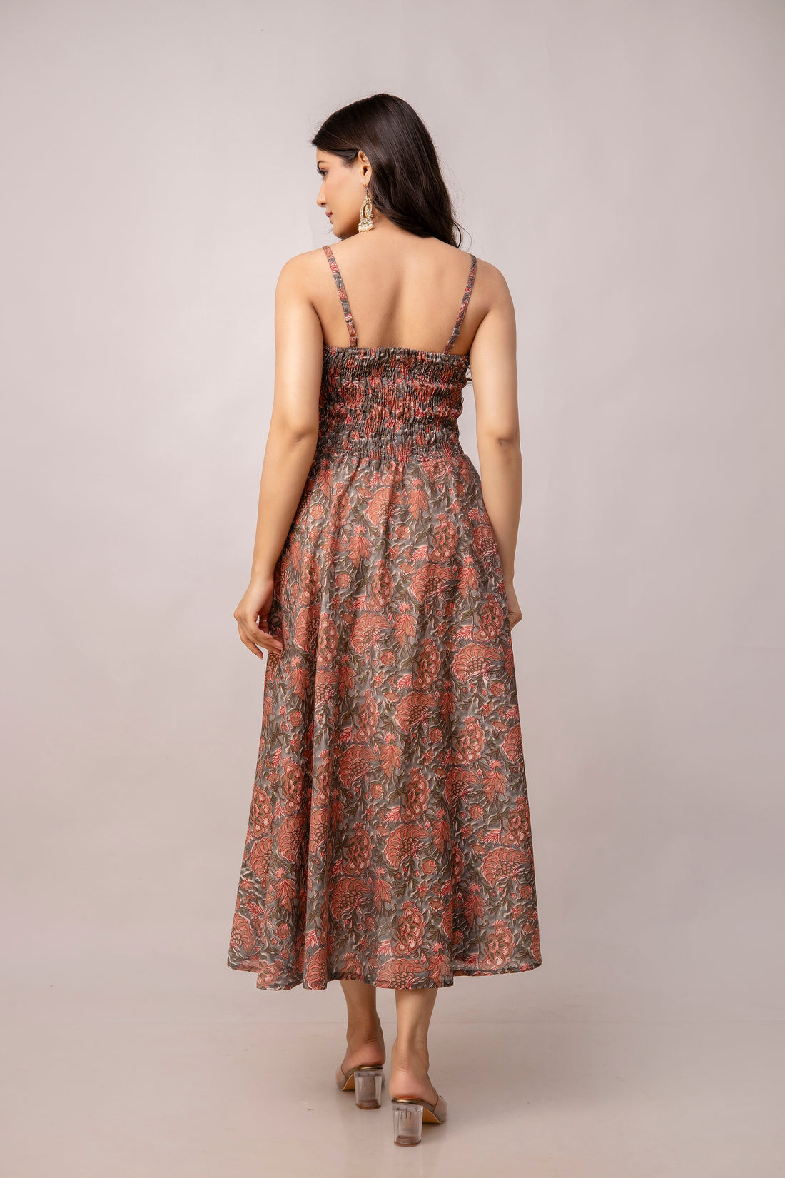 Aawari Abstract Printed Shoulder Straps Smocked Silk Sheath Dress - Western Wear