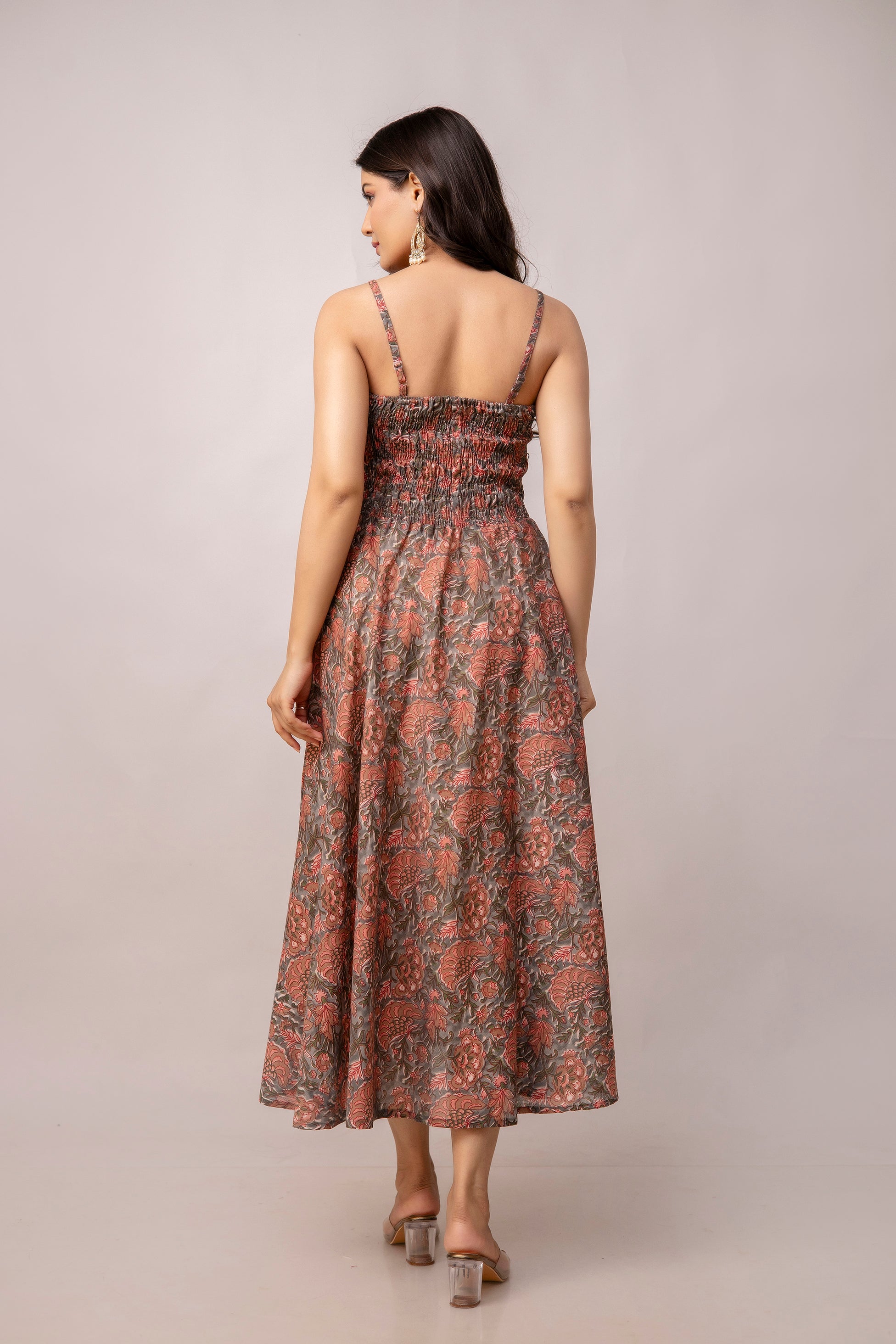 Aawari Abstract Printed Shoulder Straps Smocked Silk Sheath Dress - Western Wear