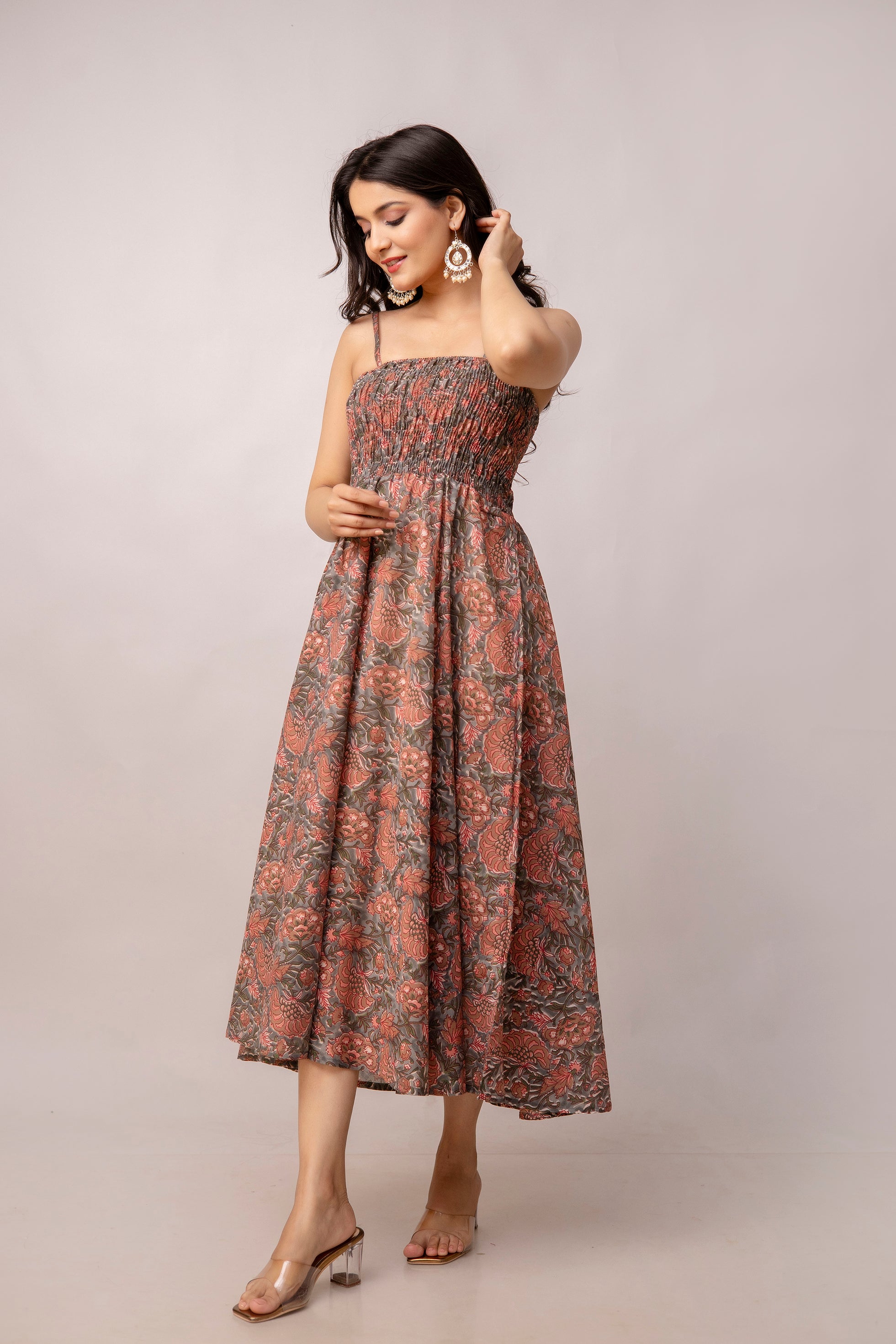 Aawari Abstract Printed Shoulder Straps Smocked Silk Sheath Dress - Western Wear