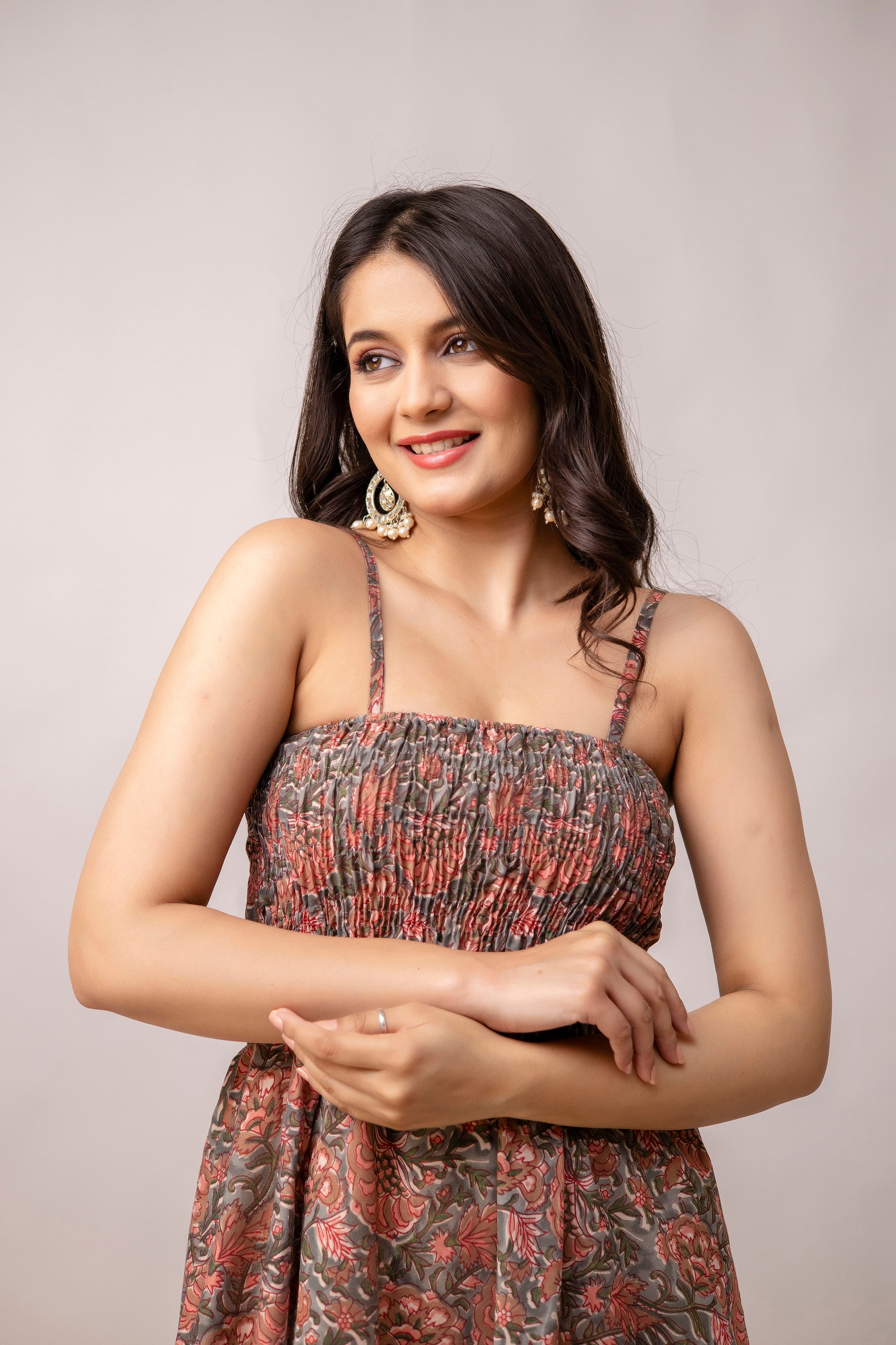 Aawari Abstract Printed Shoulder Straps Smocked Silk Sheath Dress - Western Wear