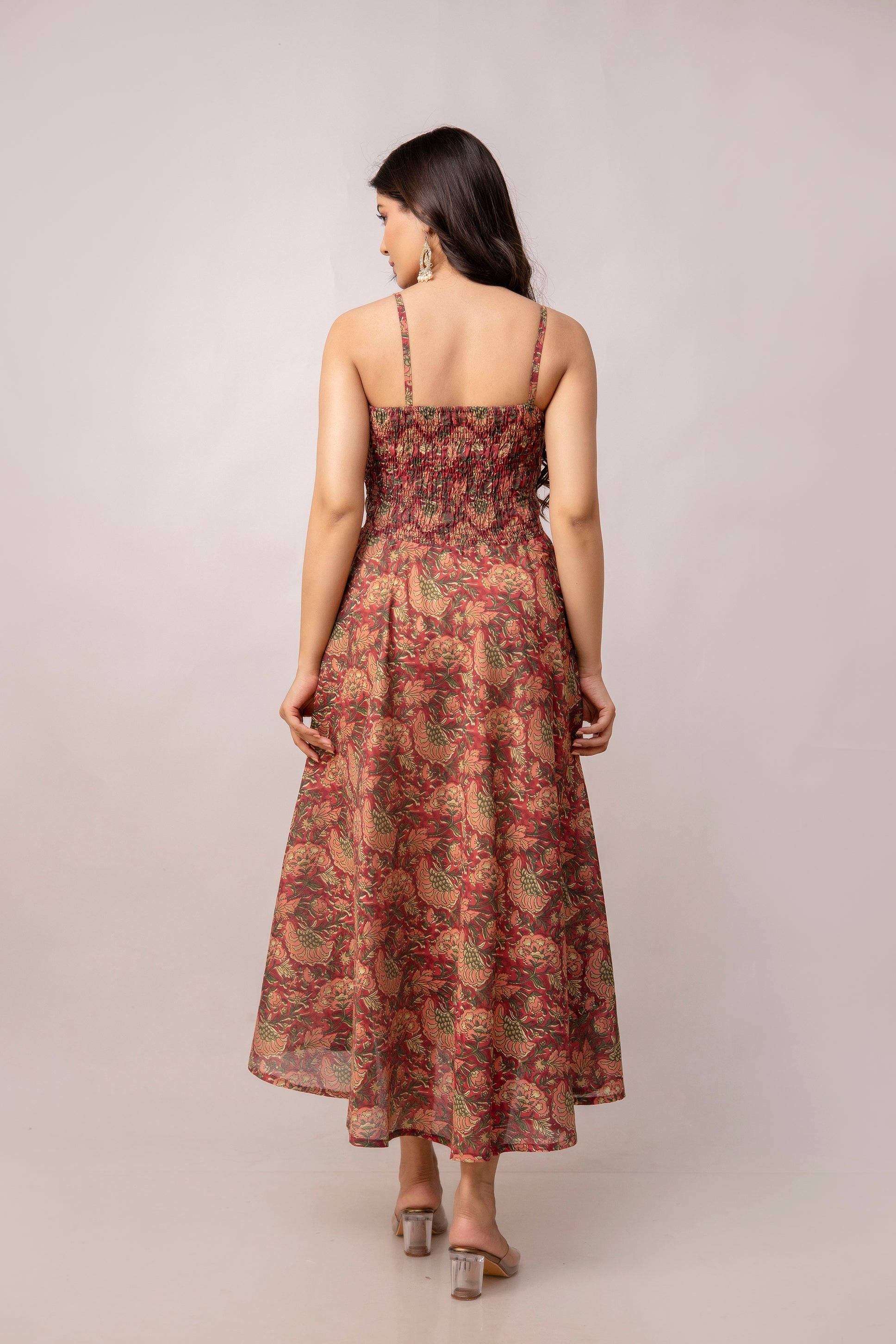 Aawari Abstract Printed Shoulder Straps Smocked Silk Sheath Dress - Western Wear