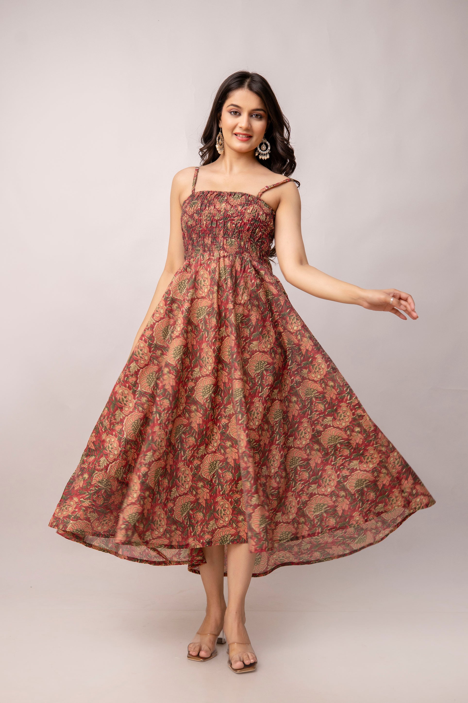 Aawari Abstract Printed Shoulder Straps Smocked Silk Sheath Dress - Western Wear