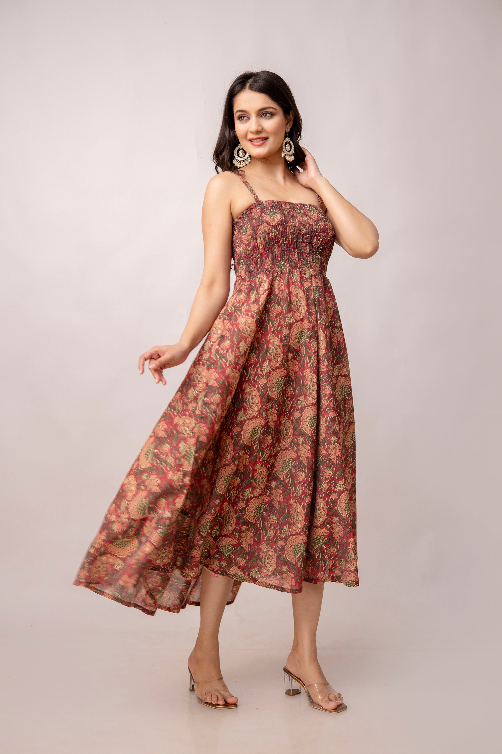 Aawari Abstract Printed Shoulder Straps Smocked Silk Sheath Dress - Western Wear