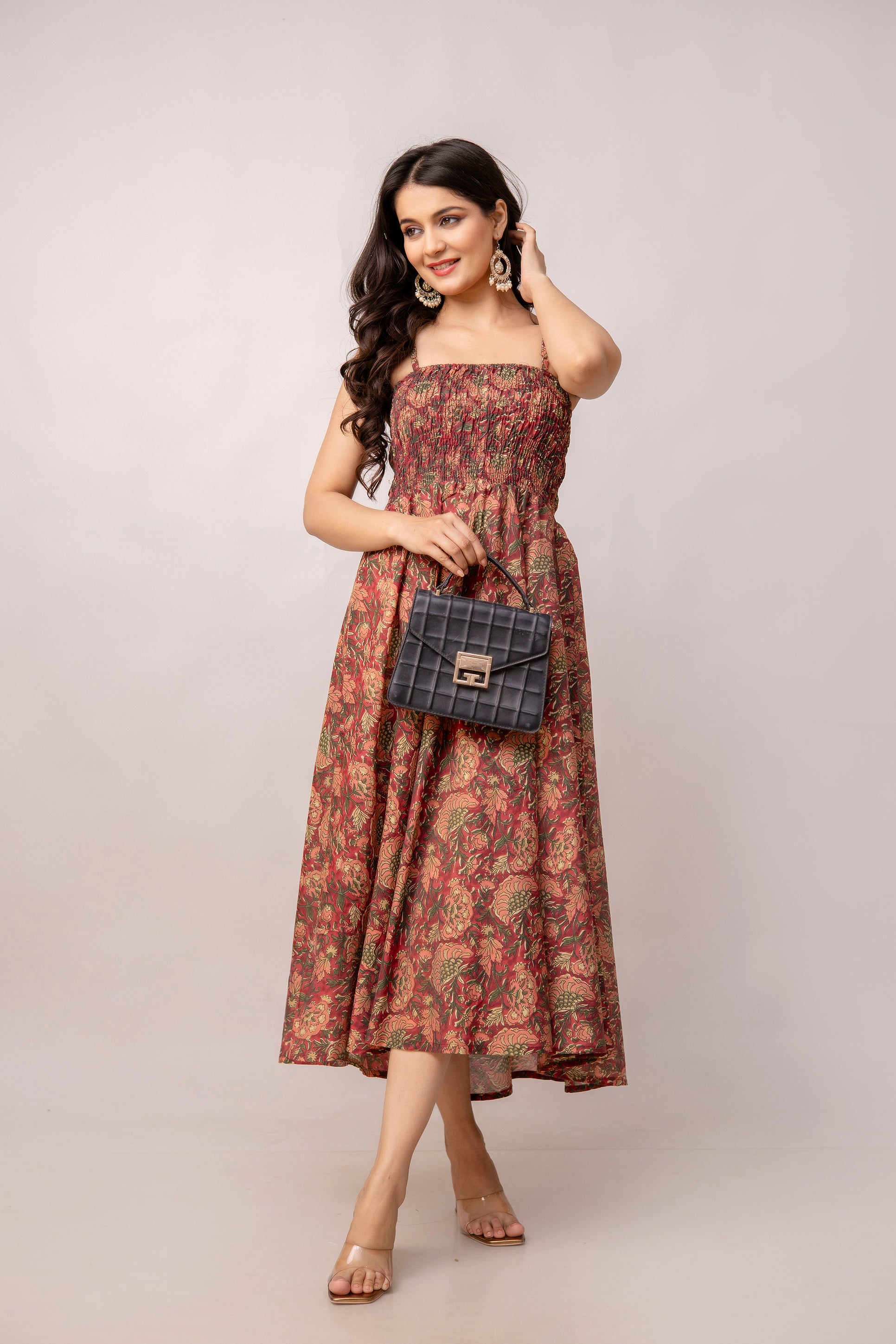 Aawari Abstract Printed Shoulder Straps Smocked Silk Sheath Dress - Western Wear