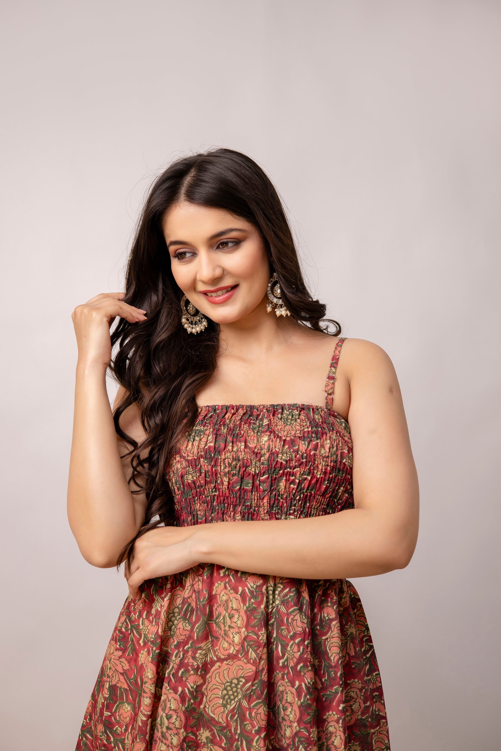 Aawari Abstract Printed Shoulder Straps Smocked Silk Sheath Dress - Western Wear