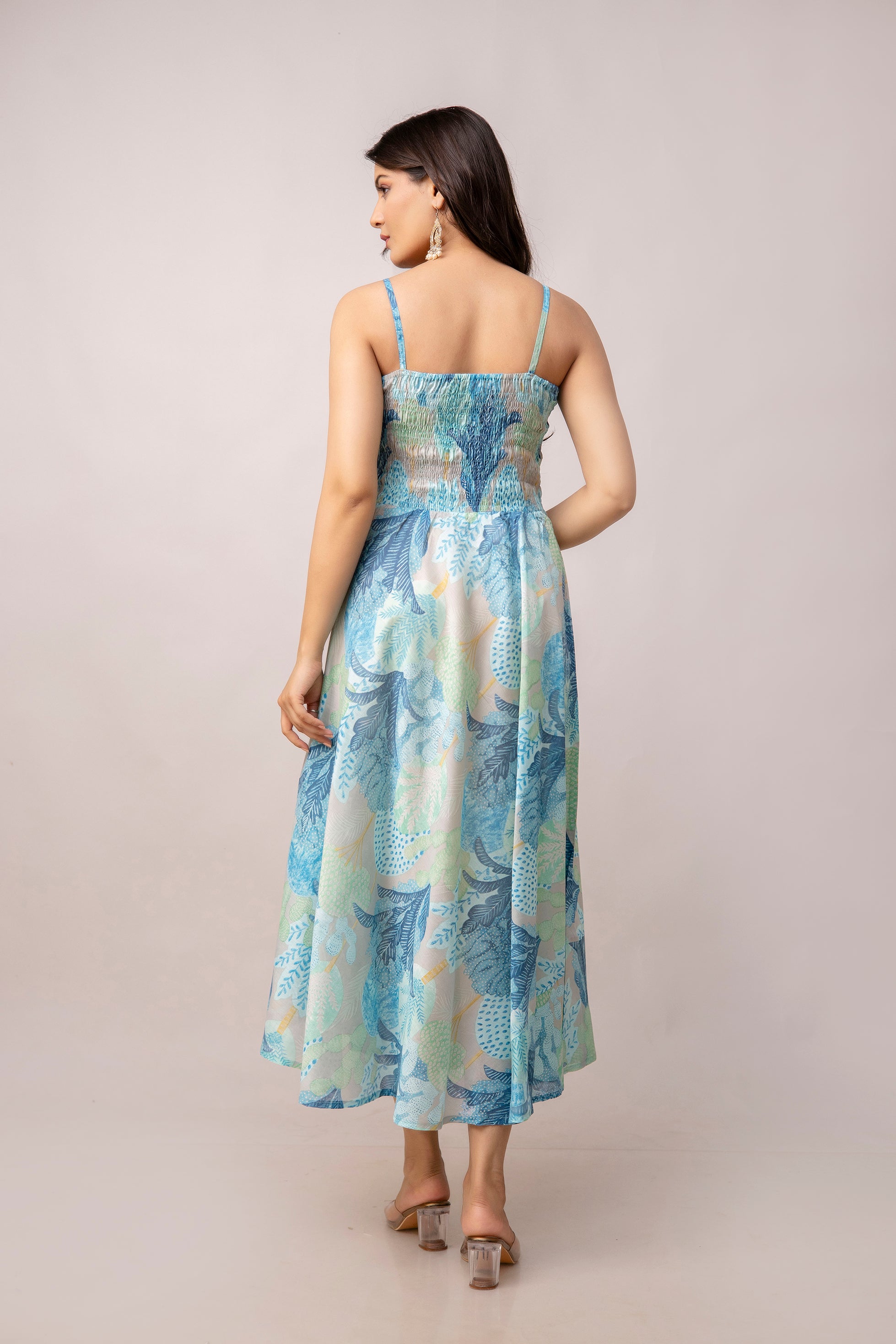 Aawari Abstract Printed Shoulder Straps Smocked Silk Sheath Dress - Western Wear