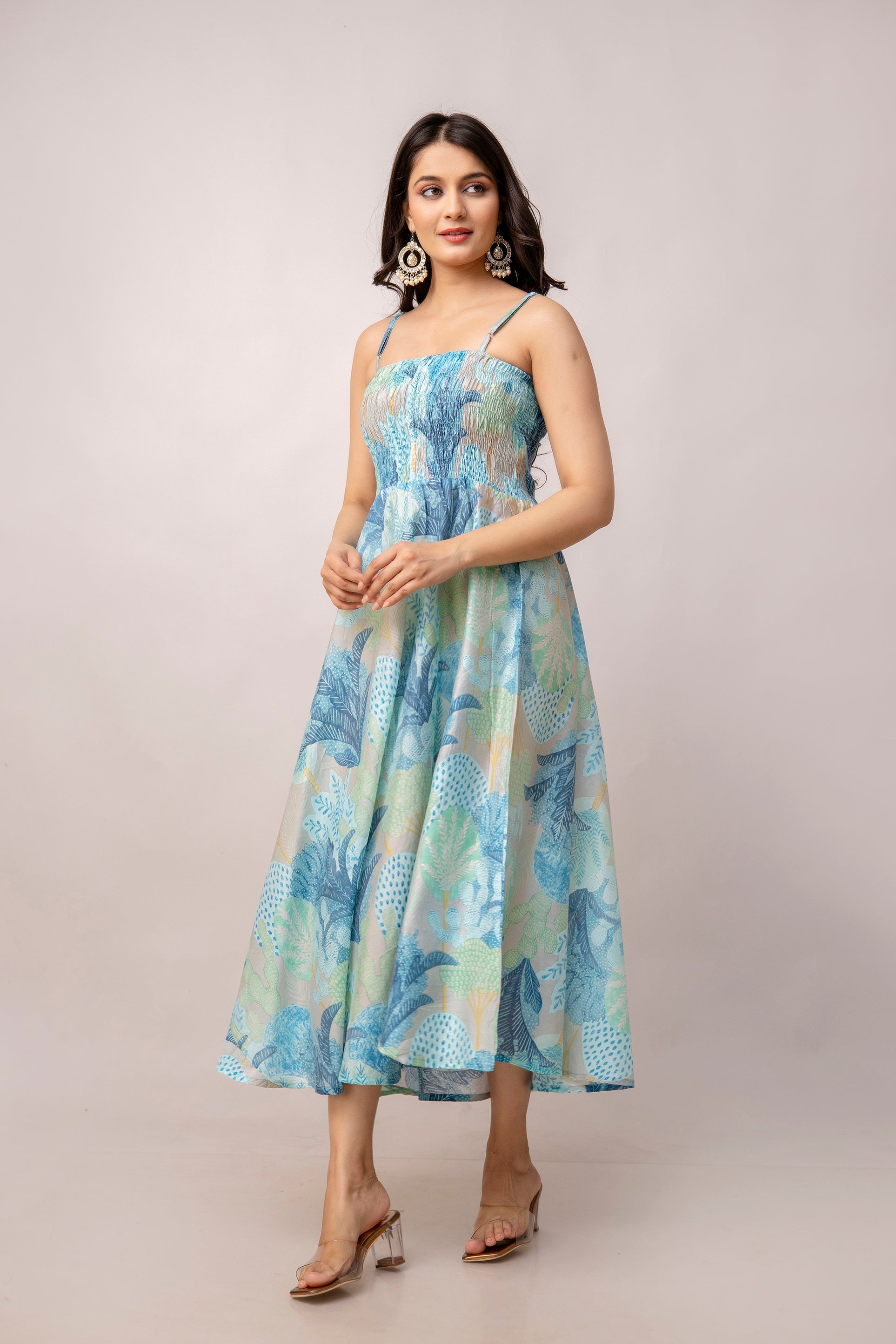Aawari Abstract Printed Shoulder Straps Smocked Silk Sheath Dress - Western Wear