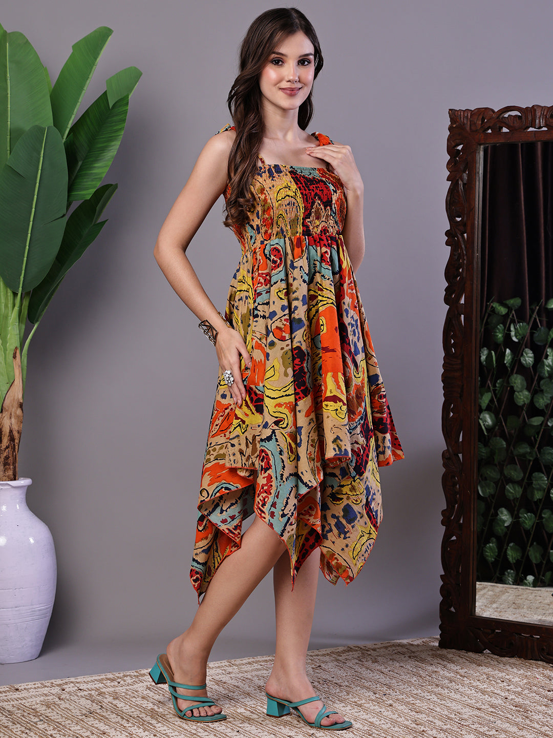 Aawari Multicolor Abstract Printed Cotton Handkerchief Hem Dress - Midi Dresses / Western Wear