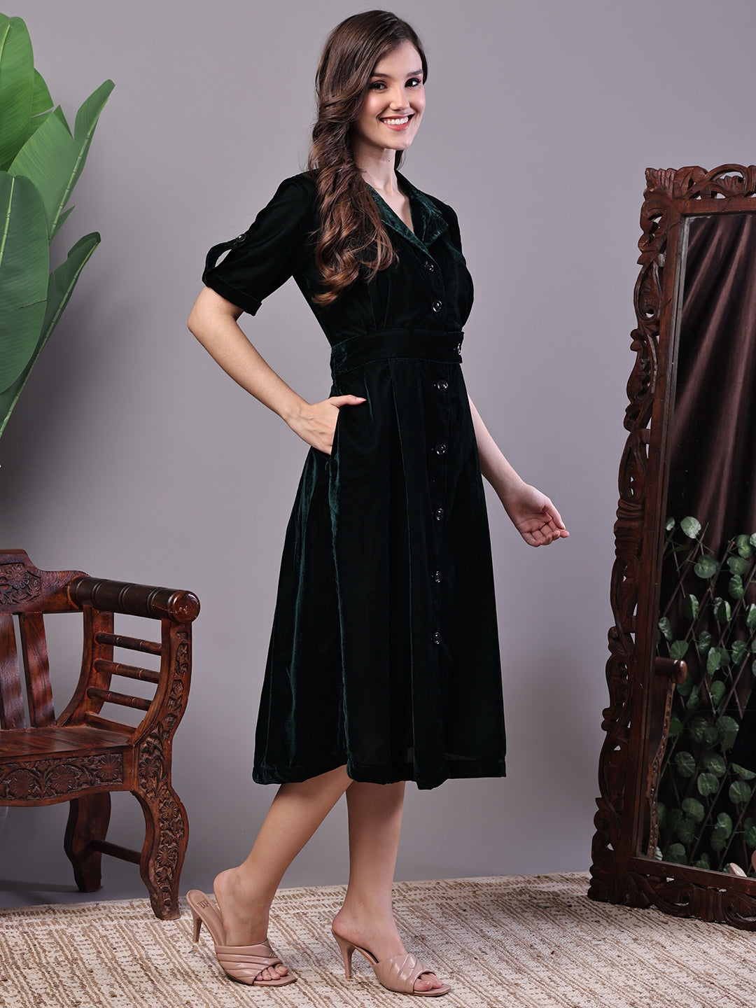 Aawari Bottle Green Velvet Shirt Style Midi Dress with Belt - Midi Dresses / Western Wear / Dresses