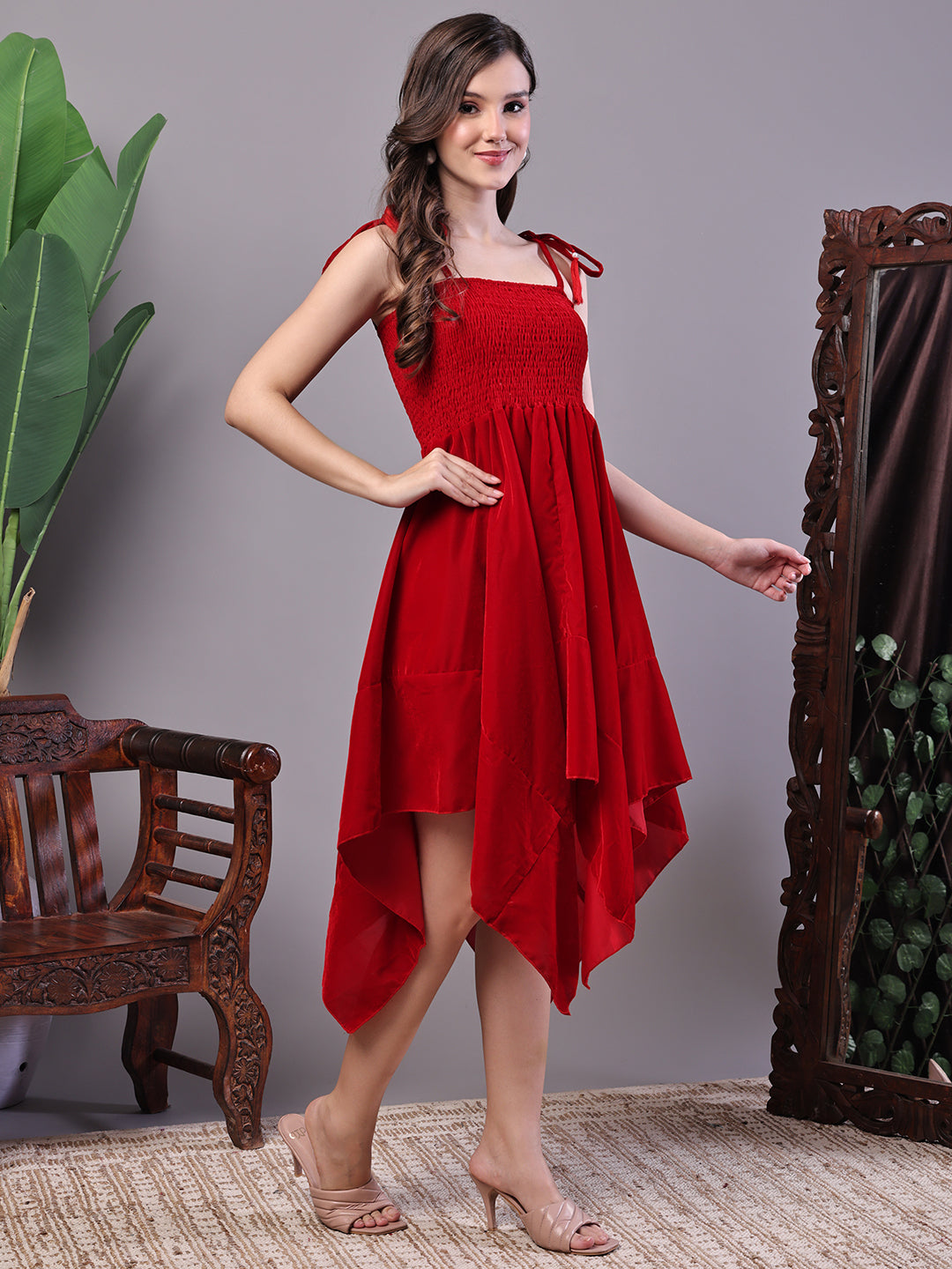 Aawari Red Junglee Pattern Velvet Handkerchief Hem Dress - Midi Dresses / Western Wear
