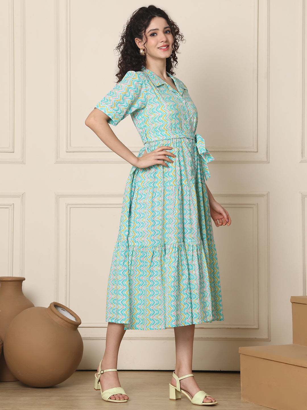 Aawari Aqua Blue ZigZag Print Shirt Dresses With Waist Belt / Western Wear