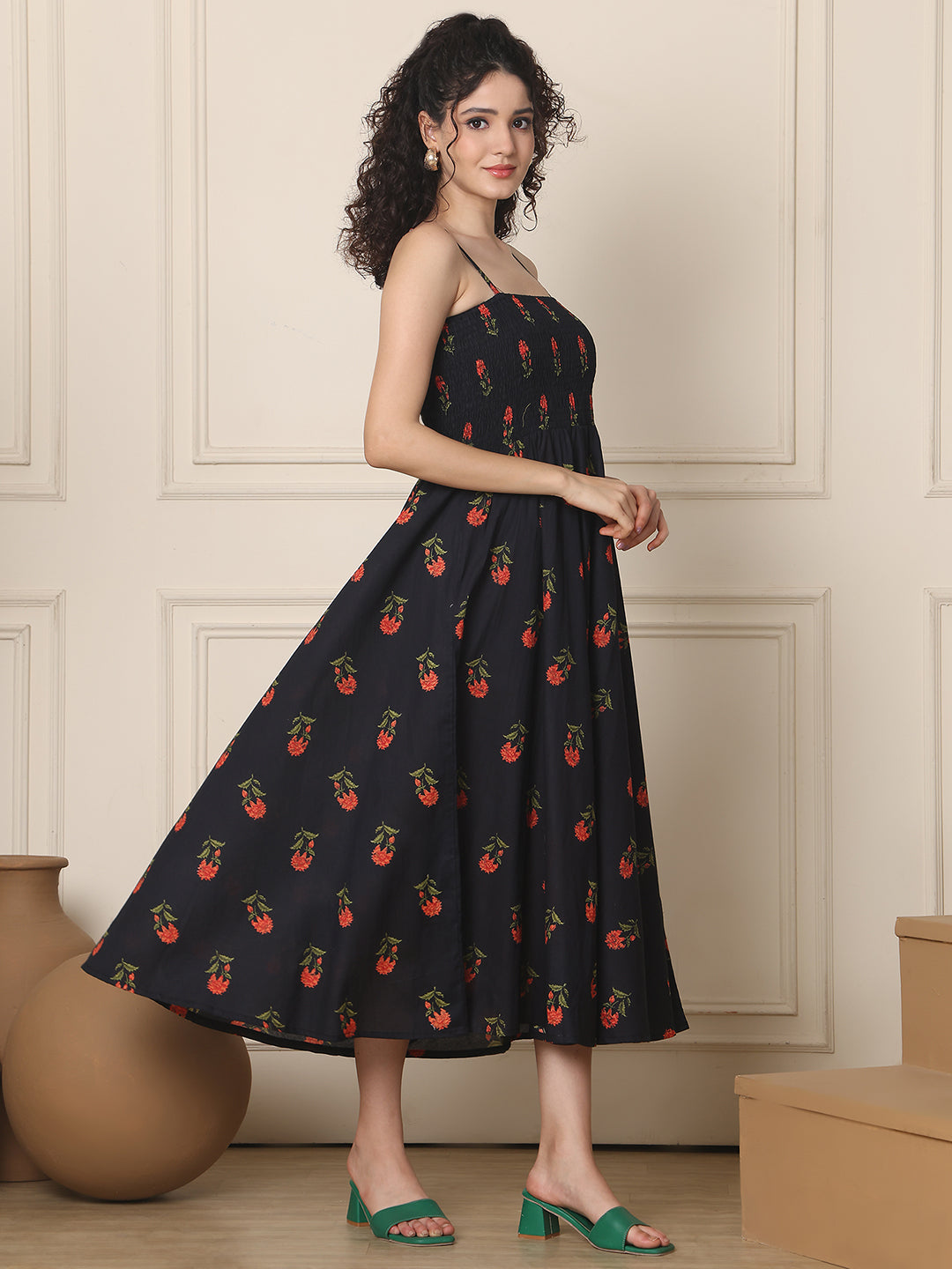 Aawari Cotton Unique Printed Spaghetti Strap Dress - Western Wear