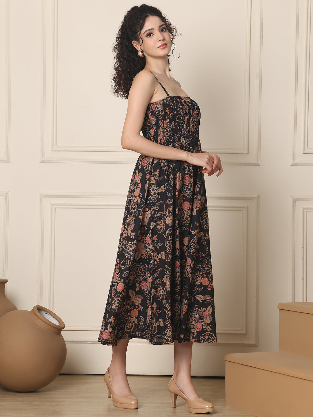 Aawari Cotton Unique Printed Spaghetti Strap Dress - Western Wear