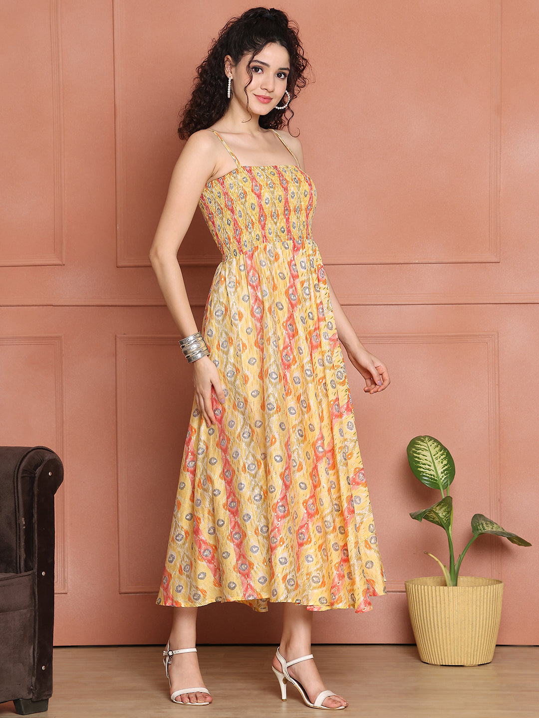 Aawari Silk Unique Printed Spaghetti Strap Dress - Western Wear