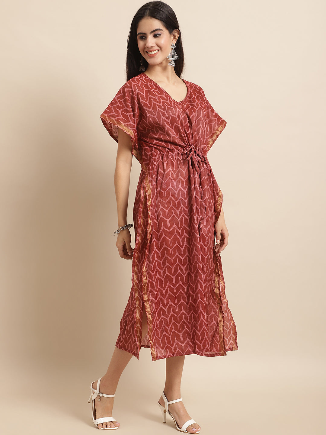Aawari Maroon Chanderi Printed Kaftaan Dress with Drawstring Waist