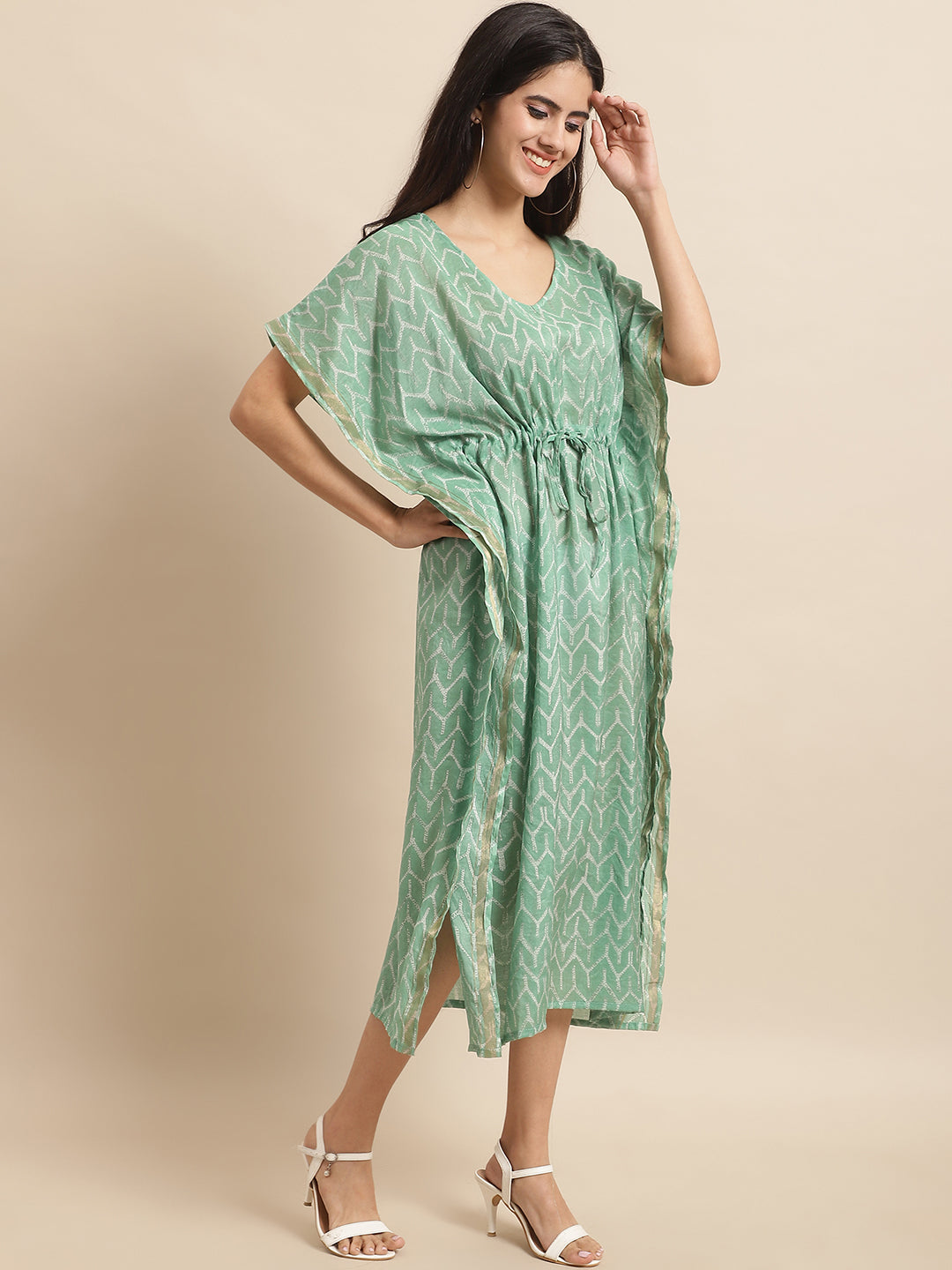 Aawari Women's Mint Green Chanderi Printed Kaftaan Dress with Drawstring Waist
