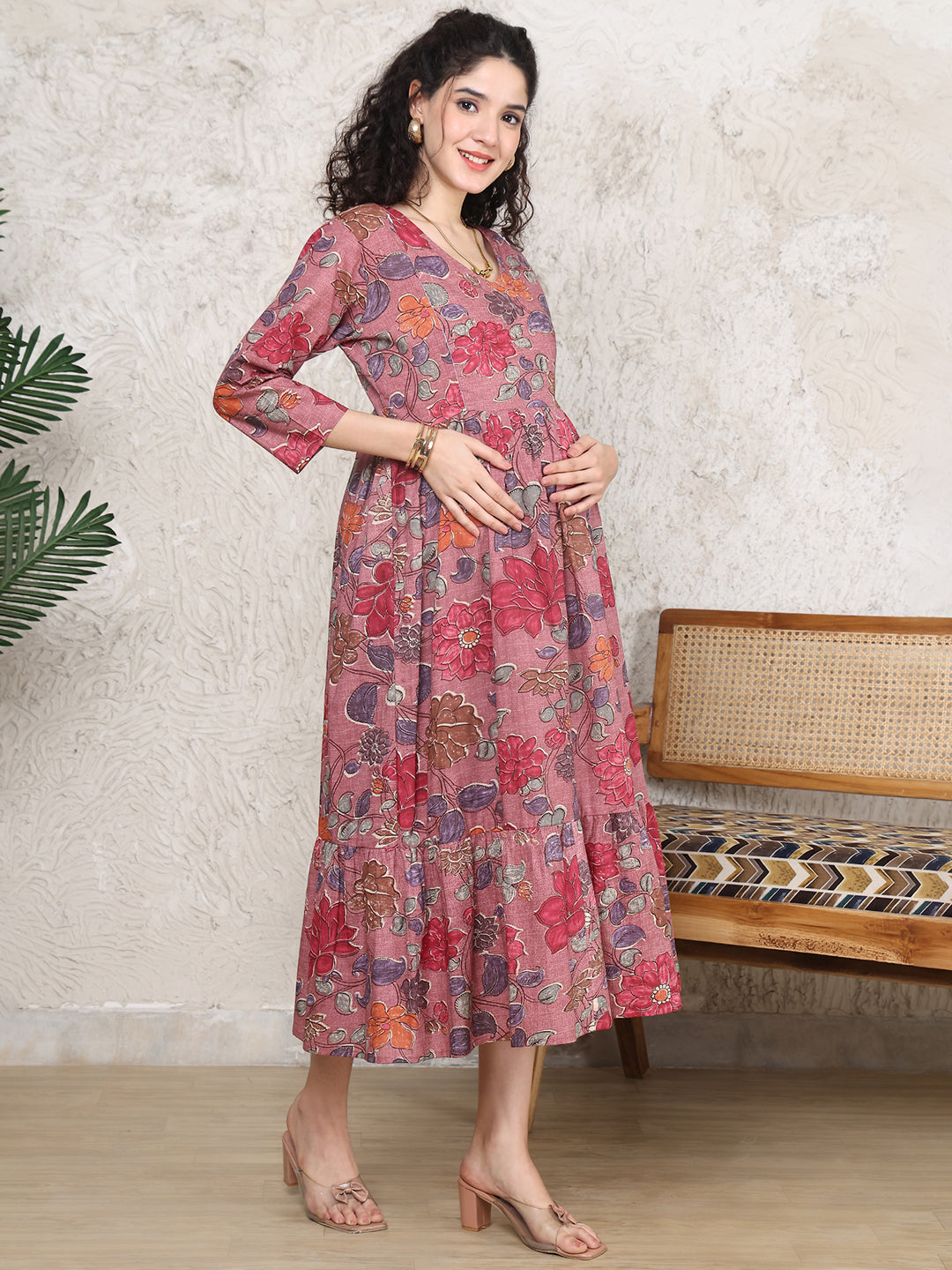 Aawari Dusty Rose Pink Floral Print Cotton Maternity Dresses with 3/4 Sleeves