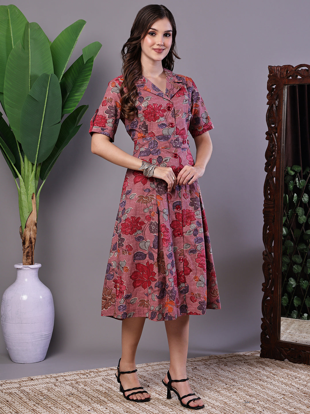 Aawari Pink Floral Cotton Pleated Midi Dress with Collar - Midi Dresses / Western Wear / Dresses