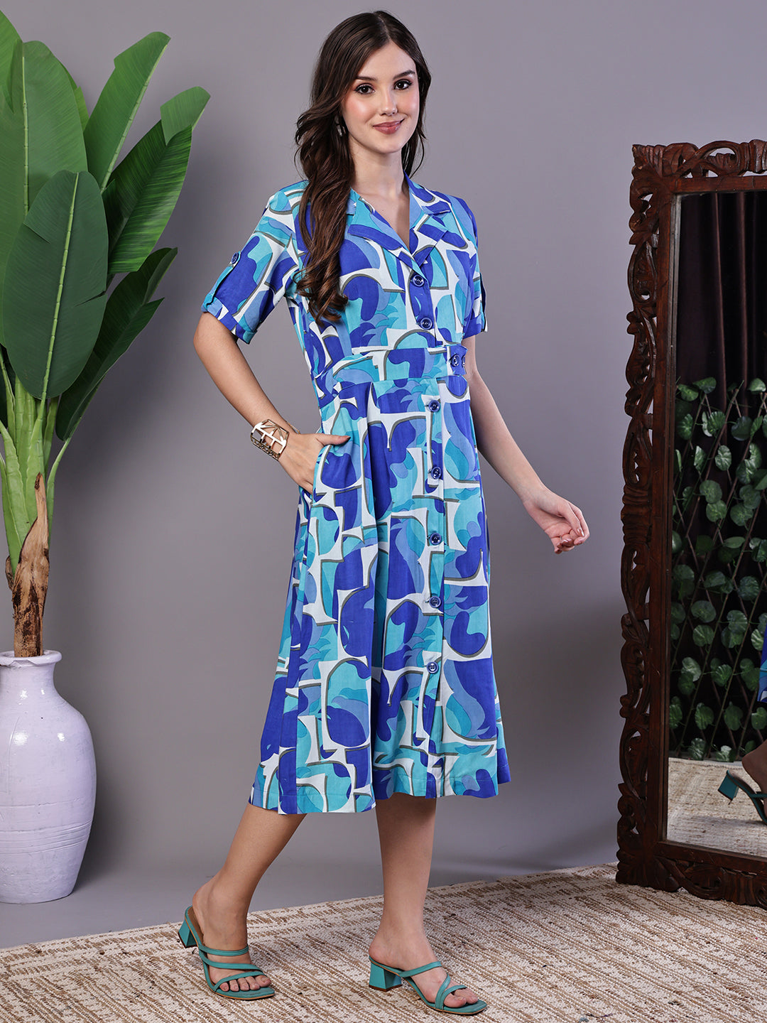 Aawari Blue Abstract Print Cotton Shirt Dress - Midi Dresses / Western Wear / Dresses