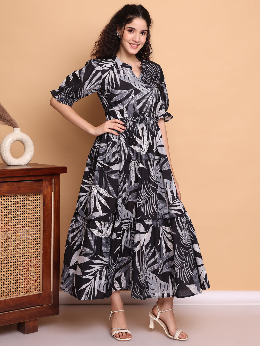 Aawari Women’s Black & White Leaf Print Maxi Dresses - Stylish Long Dress for casual & Party Wear Dresses / Western Wear
