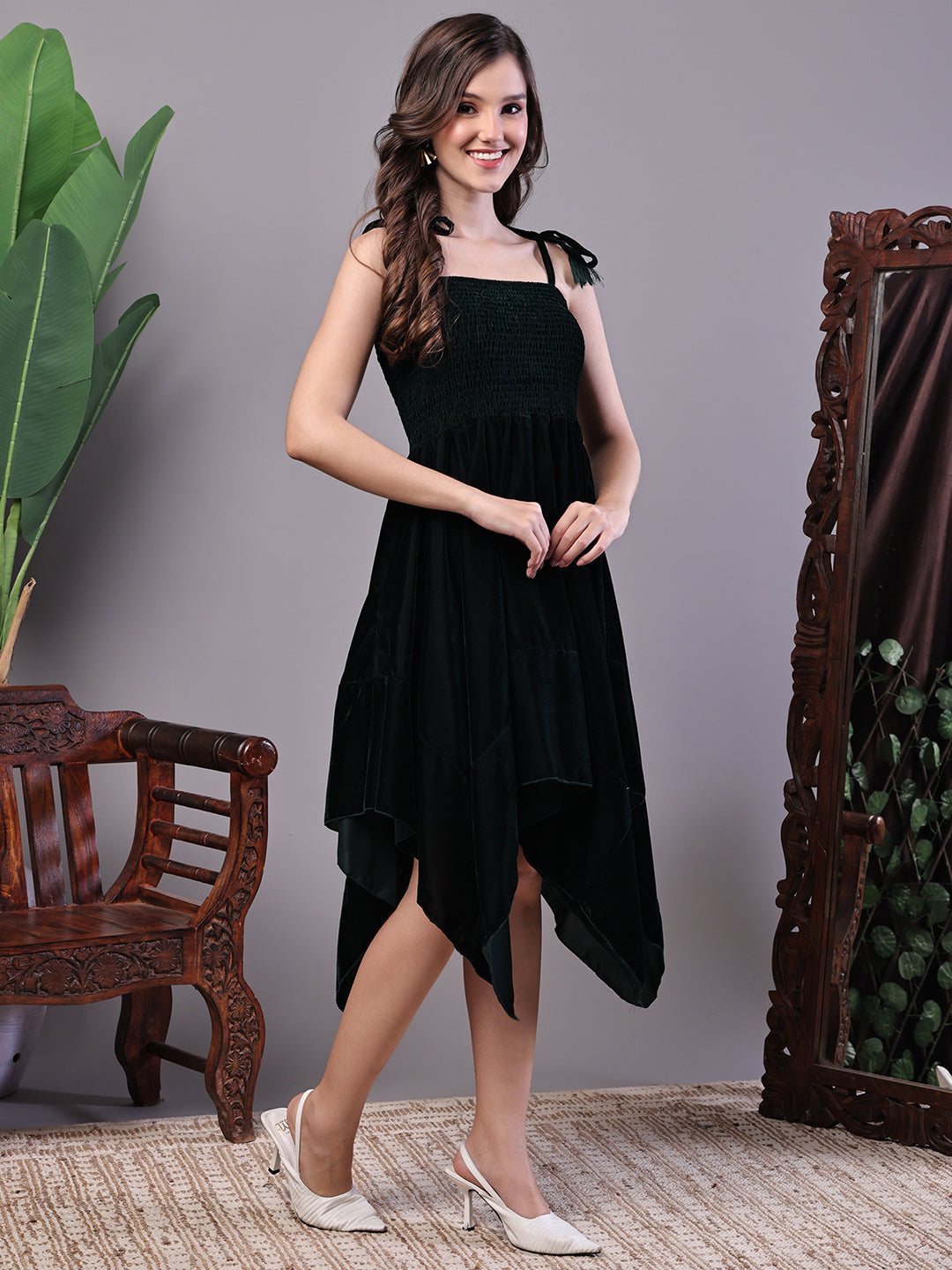 Aawari Bottle Green Junglee Pattern Velvet Handkerchief Hem Dress - Midi Dresses / Western Wear