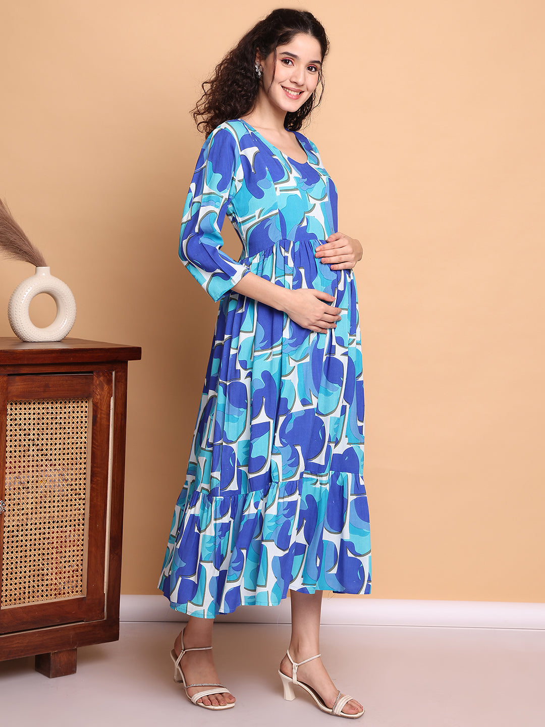 Aawari Blue Abstract Printed Cotton Maternity Dresses with 3/4 Sleeves