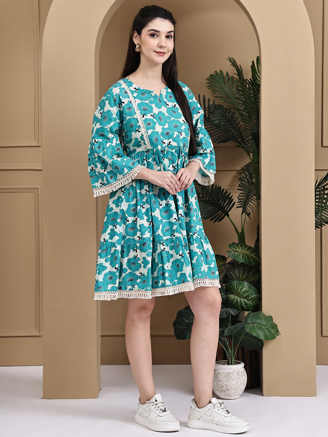 Aawari Cotton Printed Long Sleeve Dress - Midi Dresses / Western Wear