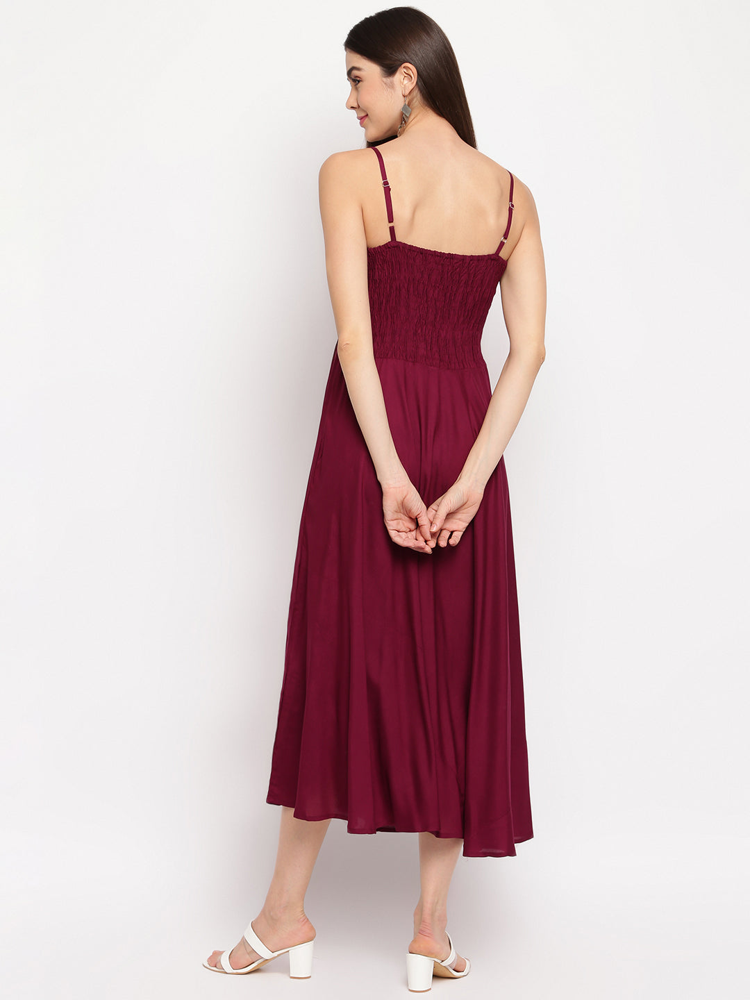 Aawari Fit & Flare Solid Bobbin Dress ( WINE ) - Western Wear