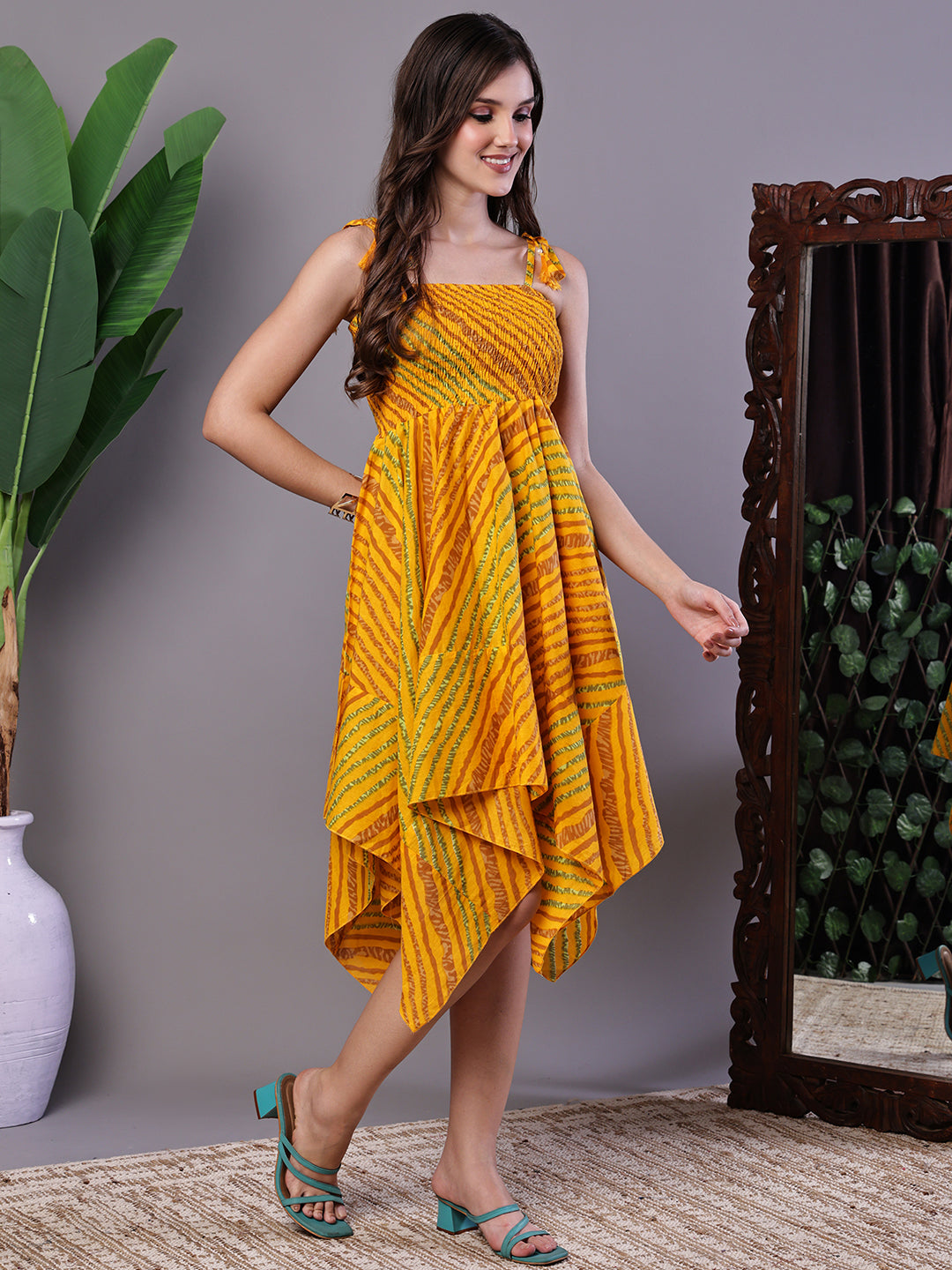 Aawari Yellow & Green Printed Cotton Handkerchief Hem Dress - Midi Dresses / Western Wear